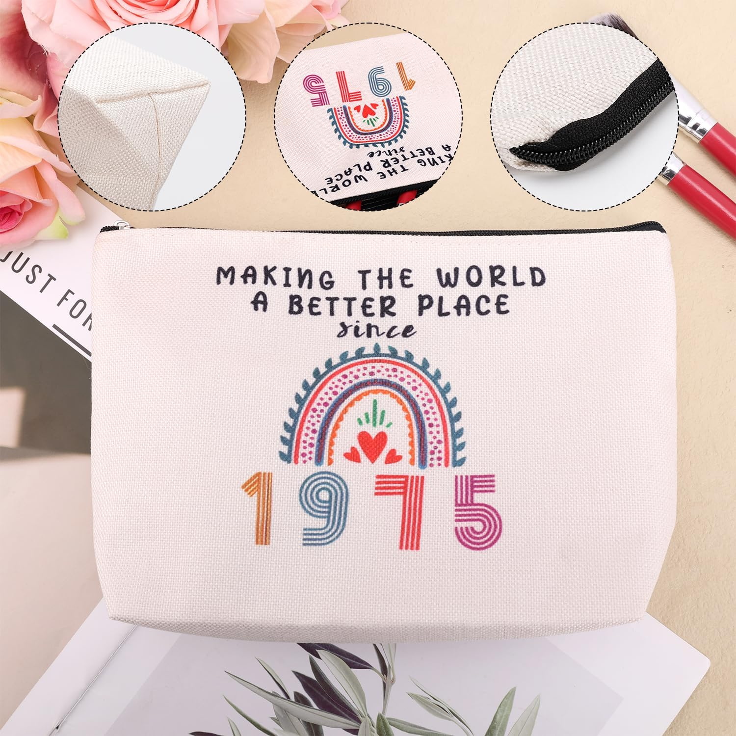 50Th Birthday Gifts for Women, Linen Travel Makeup Bags 1975 50 Year Old Birthday Gifts Cosmetic Bag Storage Bag with Zipper for Mother Wife Aunt Best Friends Sister, Off-White image number 6