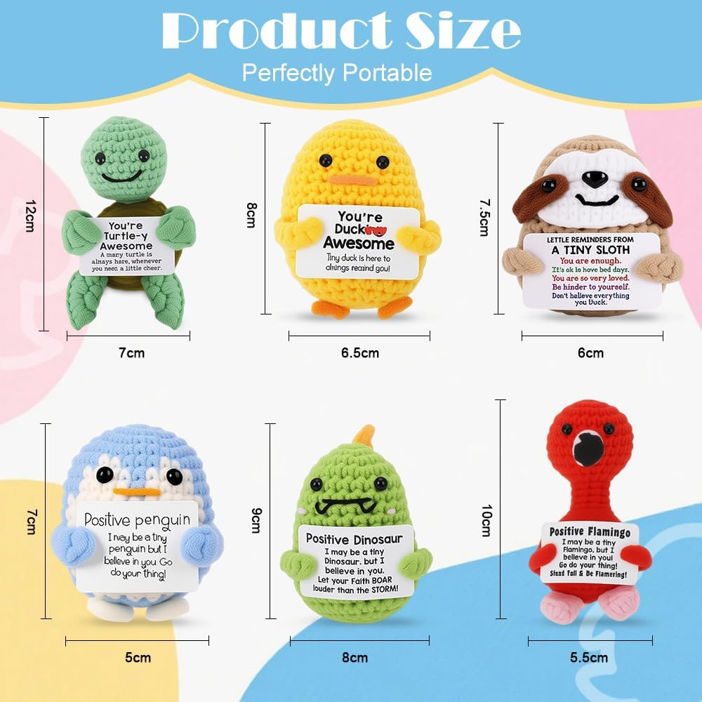 Fayrvind 6 Pcs Emotional Support Positive Crochet Animal Doll Cute Stuff Desk Accessories Birthday Gifts for Women Thank You Gift (Turtle, Duck, Dinosaur, Sloth, Flamingo, Penguin) image number 3