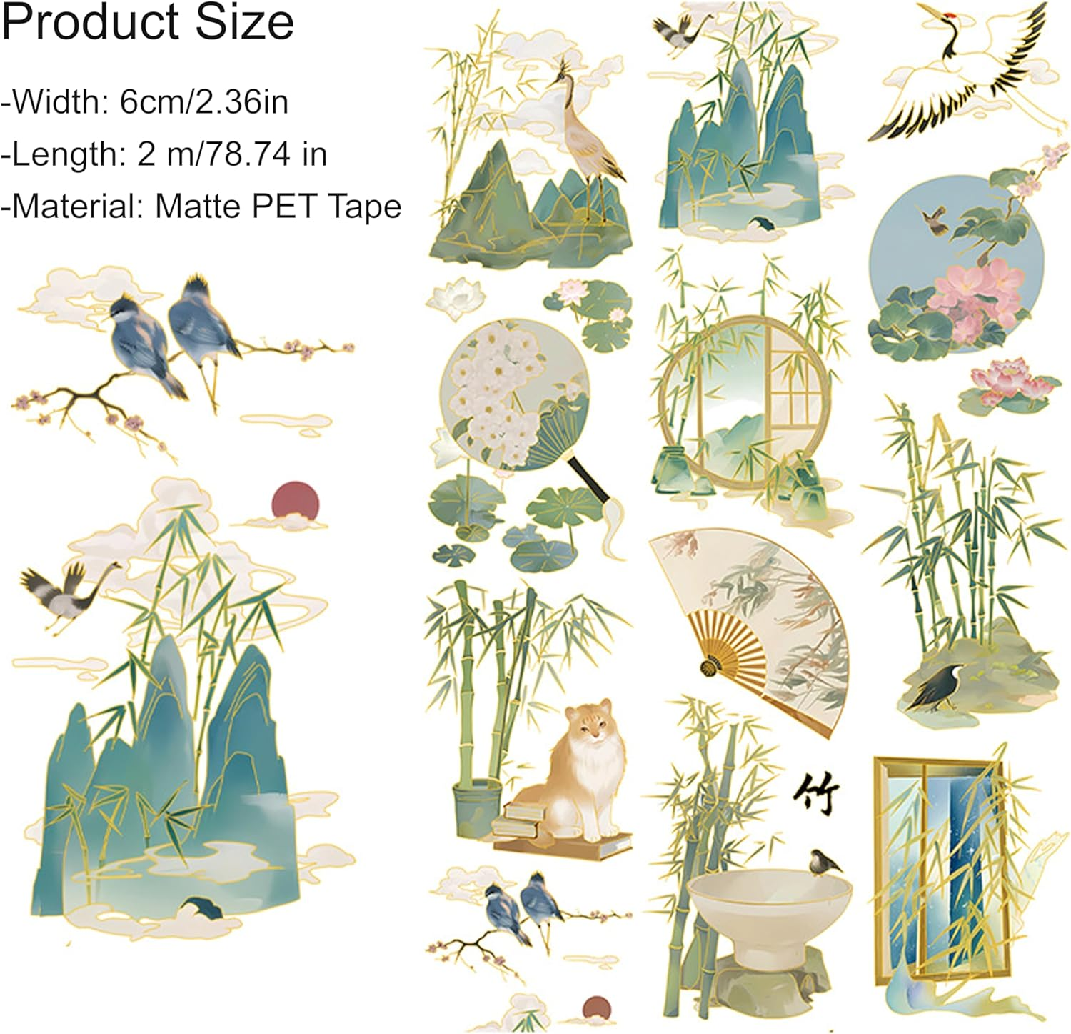 Vintage Floral Tapes,Craft Tape,Handbook Decoration Sticker, Handbook Tape with Plant Decoration Stamping Crafts,Diy Gift Wrapping Crafts for Scrapbooking Supplies Party Decorations Books (Bamboo) - Blue Peony image number 4