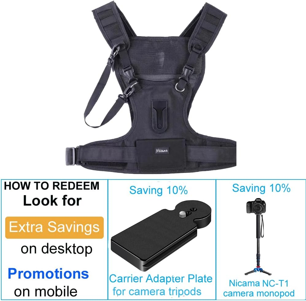 Nicama Camera Strap Carrier Chest Harness Vest with Mounting Hubs & Backup Safety Straps for Hiking Canon 6D 5D2 5D3 Nikon D800 D810 Sony A7S A7R A7S2 Sigma Olympus DSLR Cameras image number 1