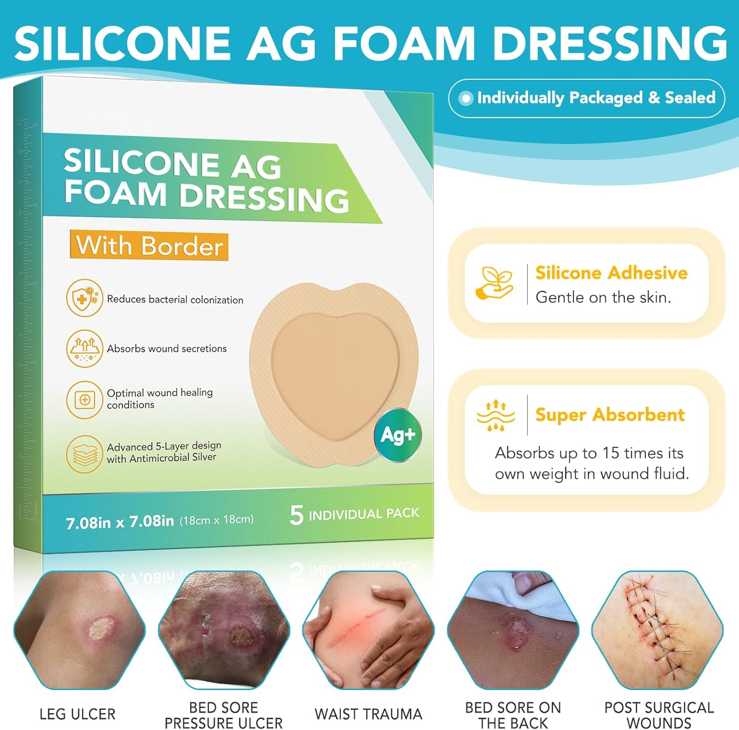 Silicone Foam Dressing with Border Adhesive 4"X4" - Silicone Ag Foam Dressing with Waterproof Gentle, Large Wound Dressing Bandage for Wound Care 5 Pack