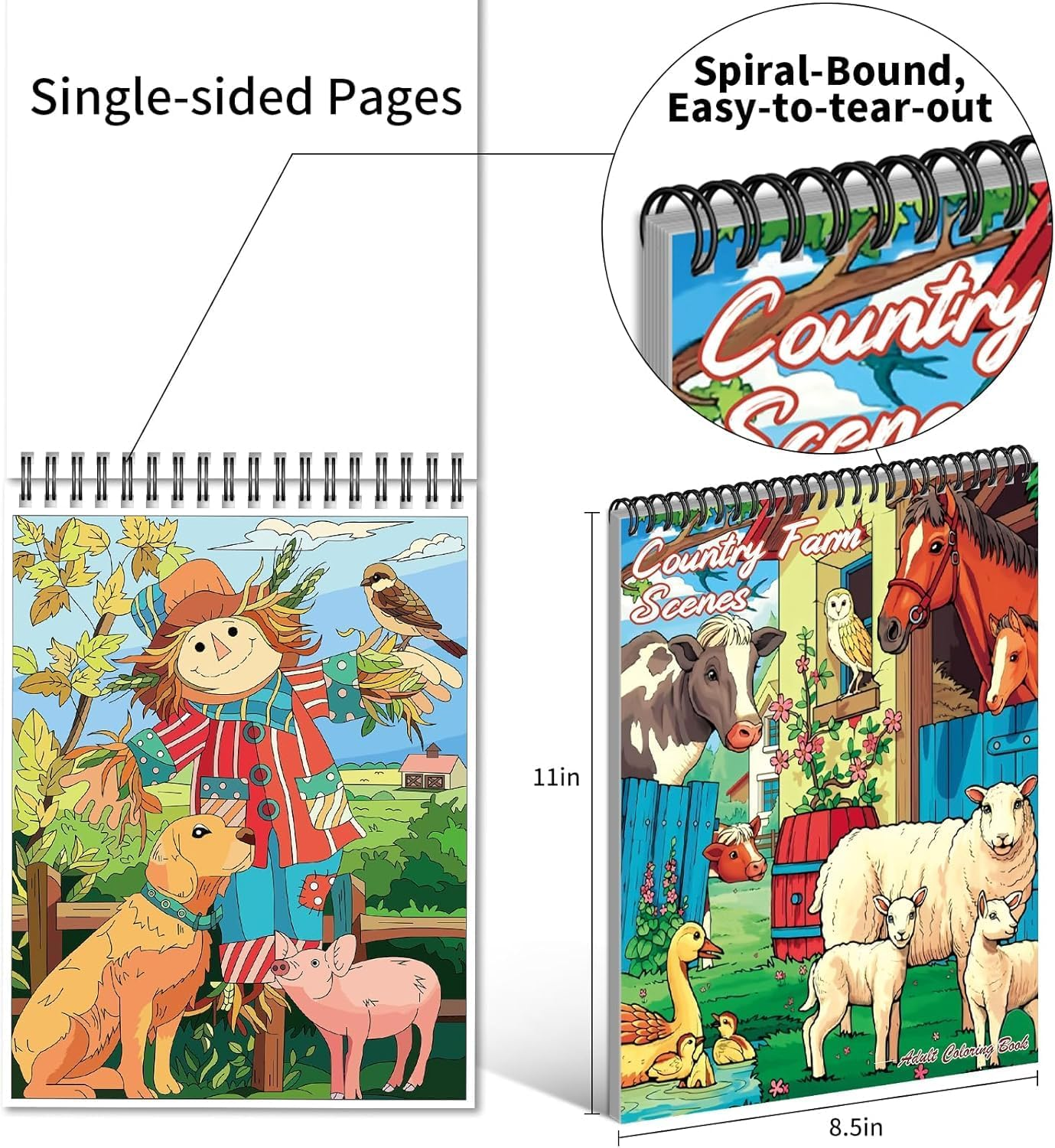 OSIMIG Adult Colouring Books Set, 3 Themes for Country Gardens, Country Scenes Farm & City Sights, Colouring Books for Adults to Relax and Relieve Anxiety, 60 Patterns Top Spiral Bound image number 2