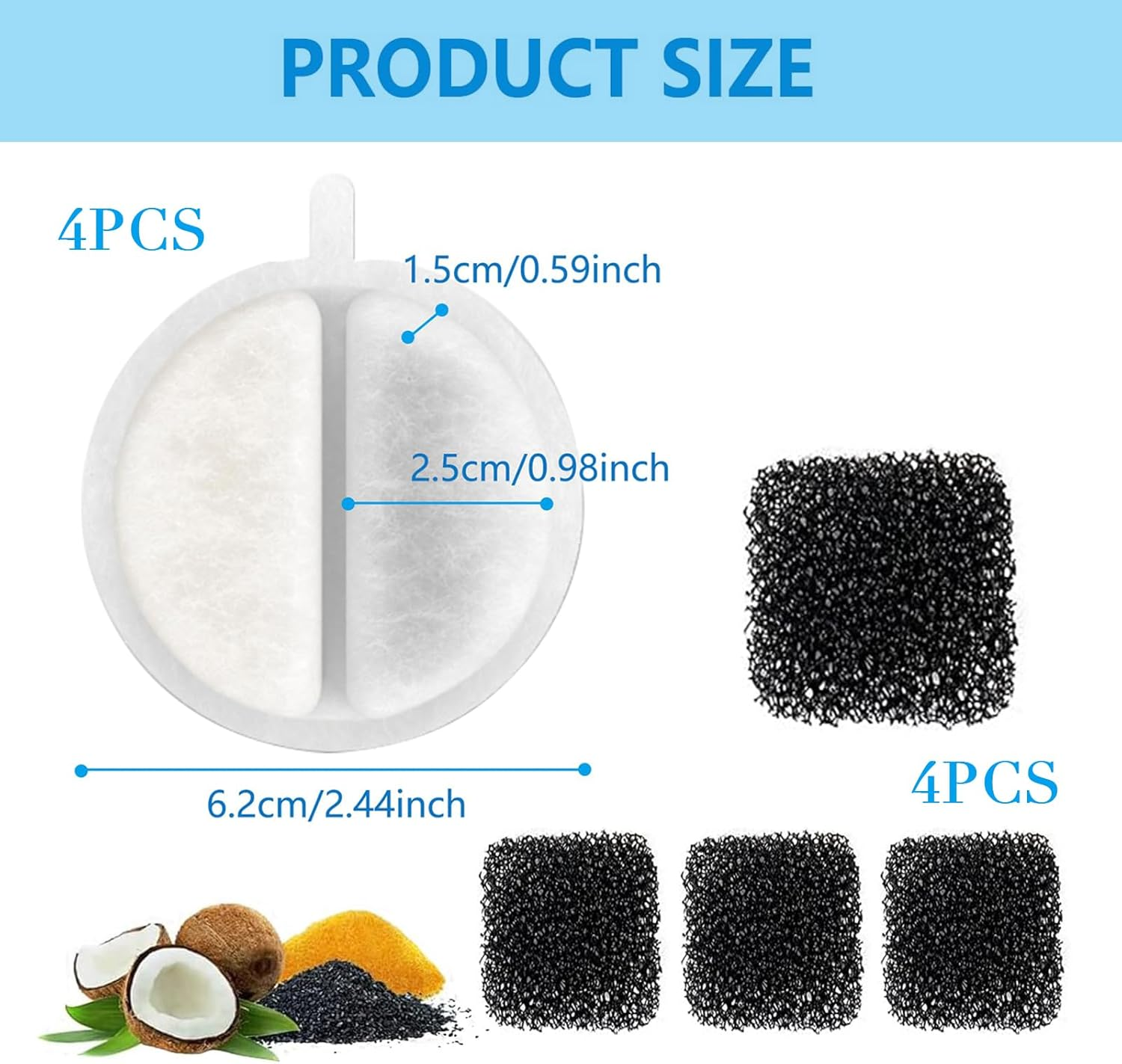 Moguri 4 + 4 Pieces Drinking Fountain Cat Replacement Filter, Filter Cat Fountain for 84 FL Oz/2.5 L Drinking Fountain for Cats and Dogs, with Carbon Filter and Foam Filter image number 4