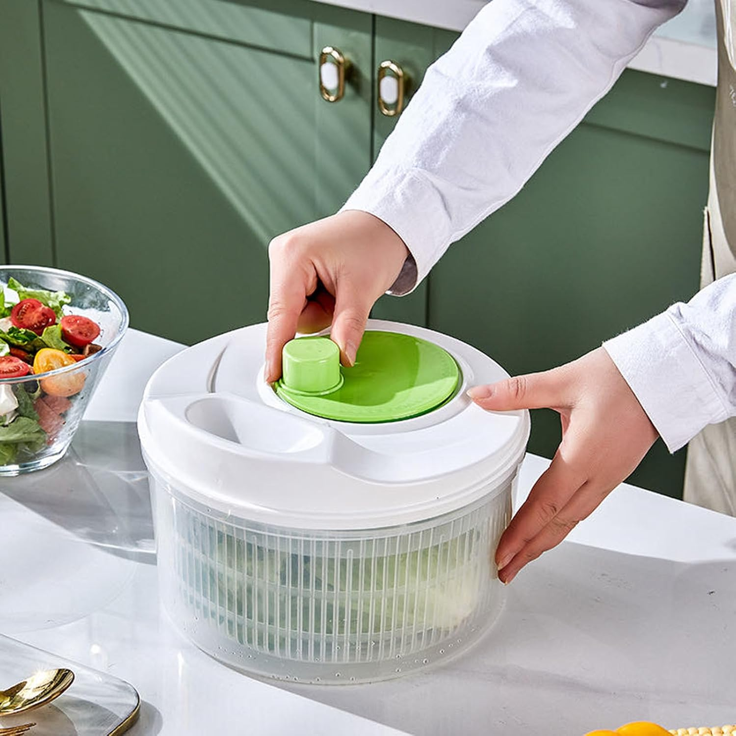 Salad Spinner Large, Vegetable Spinner Dryer Spinning Colander Vegetable Spinner Lettuce Dryer Spinner Easy to Clean Salad Spinners with Drain, Bowl, Colander, Salad Cutter Bowl, Grinder (Green) image number 1
