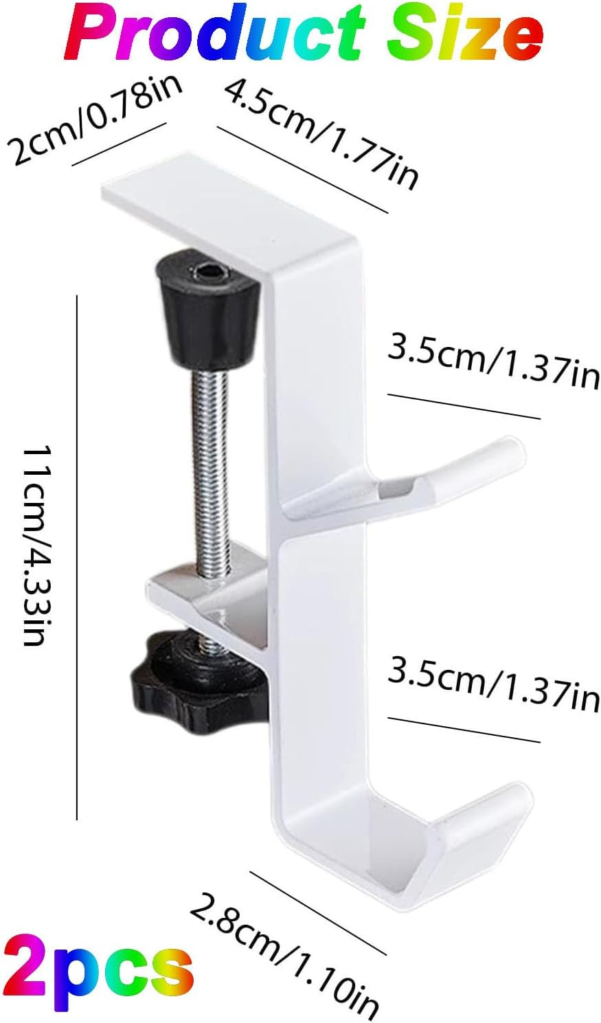 Purse Hook for Table, WADY 2 Pack Metal Headphone Hook, Desk Mount Bag Holder Hook Clamp, Universal under Desk Hook Handbag Hanger Holder Students Desk Hook with Adjustable Arm Clamp (White) image number 1