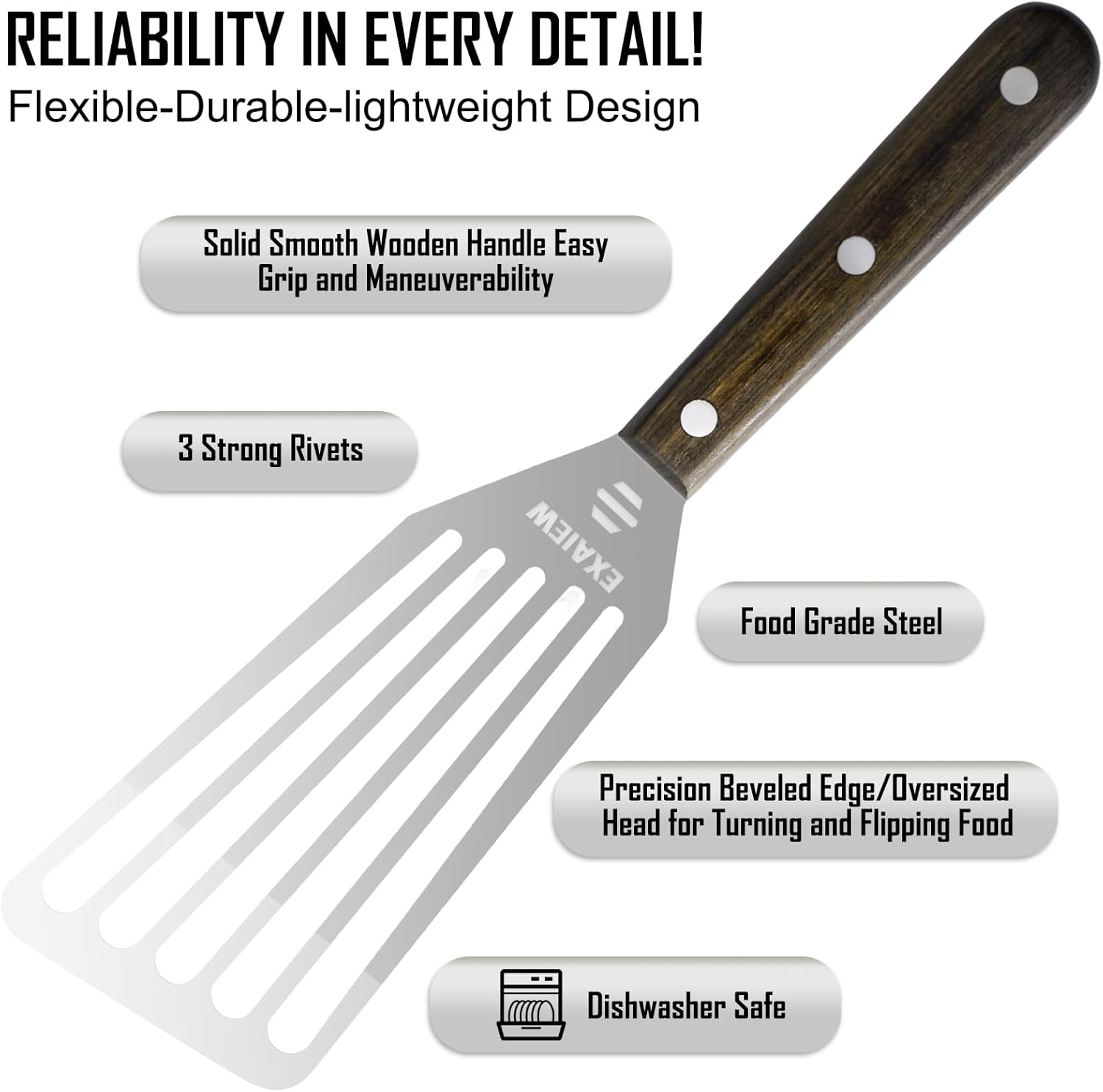 2 Pack Fish Spatula Stainless Steel, Flexible Fish Turner Spatula Perfect for Flipping Eggs, Burgers and Baking, Durable Lightweight Metal Kitchen Slotted Turner for Cooking & BBQ [Wooden Handle] image number 6