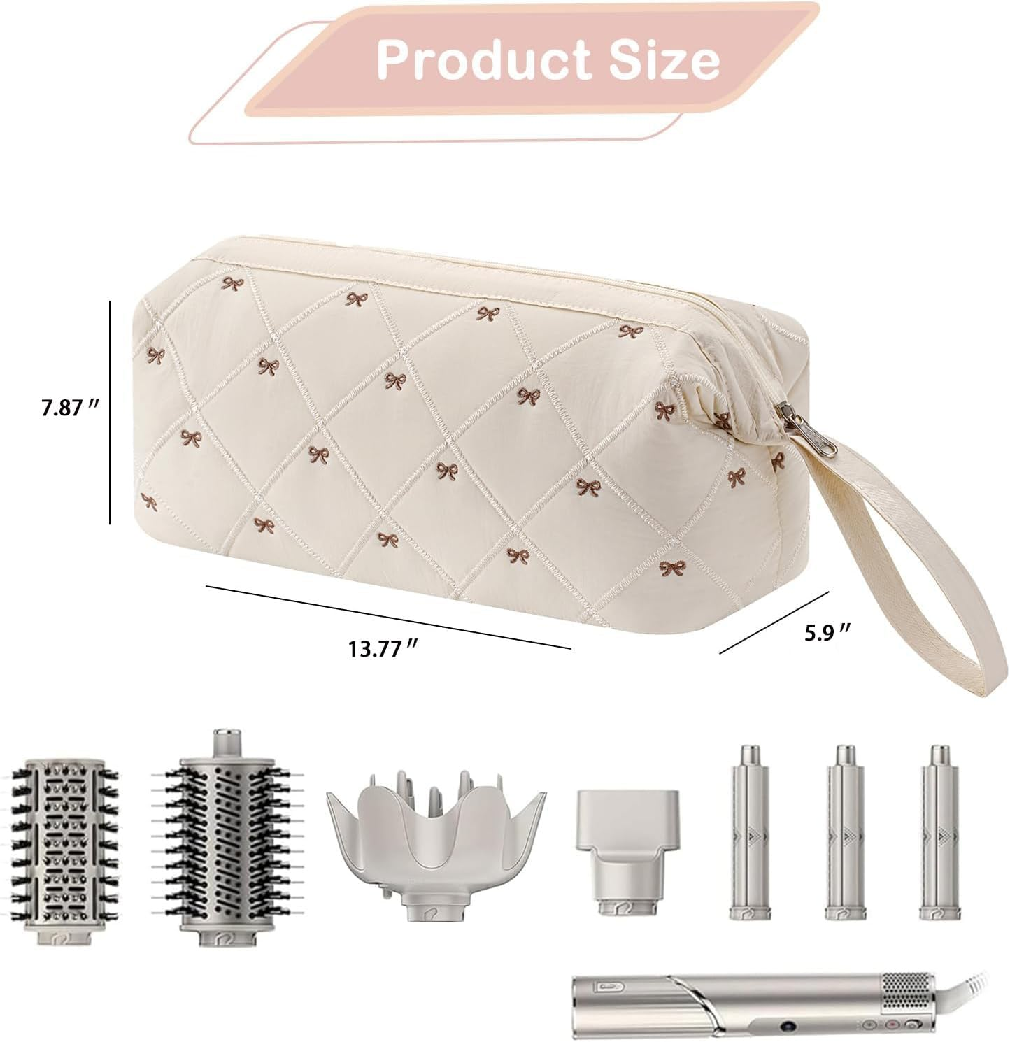 Hair Tools Travel Bag, Large Quilted Storage Case with Bow, Waterproof Organizer for Hair Dryer, Curling Iron, Straightener, Hot Air Brush and Styling Tools (Beige) image number 4