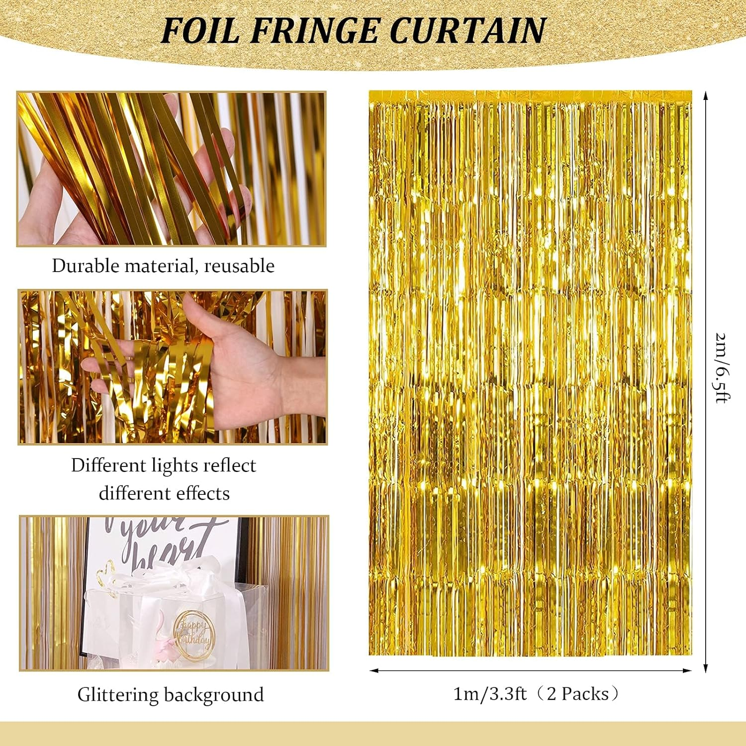 Fringe Foil Curtain, Gold Foil Fringe Curtain Set with 2 Pcs Metallic Tinsel Curtains & Shiney Ribbon, 3.3 * 6.5 Ft Streamer Curtain Backdrop for Valentine'S Day Birthday Engagement Bachelor Party image number 1
