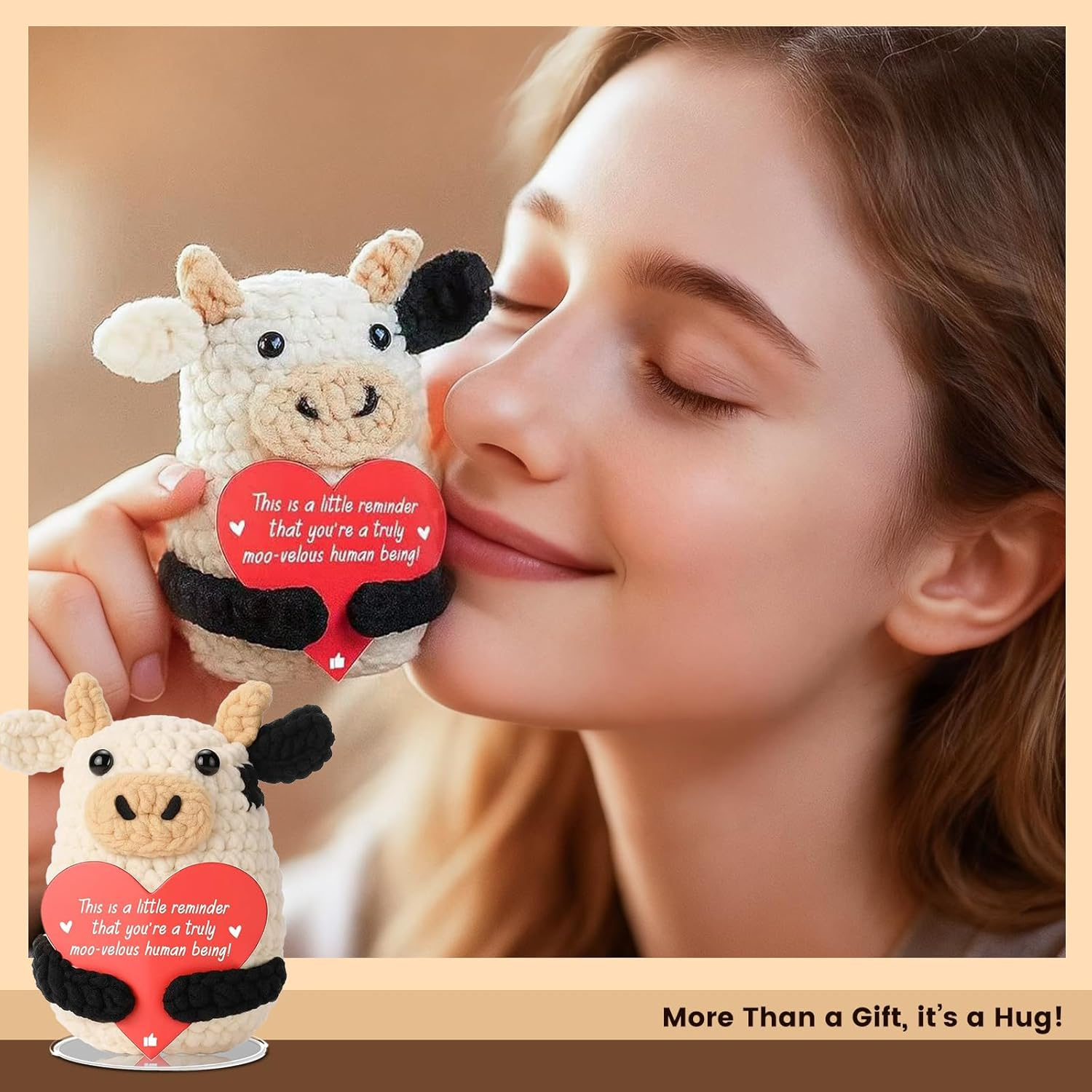 SZMDLX Positive Crochet Animals, Pocket Hug Positive Cow with Inspirational Cards in Gift Box, Emotional Support Good Luck Gifts for Women, Lucky Charm for Birthdays, Office & Home Desk Decor image number 3