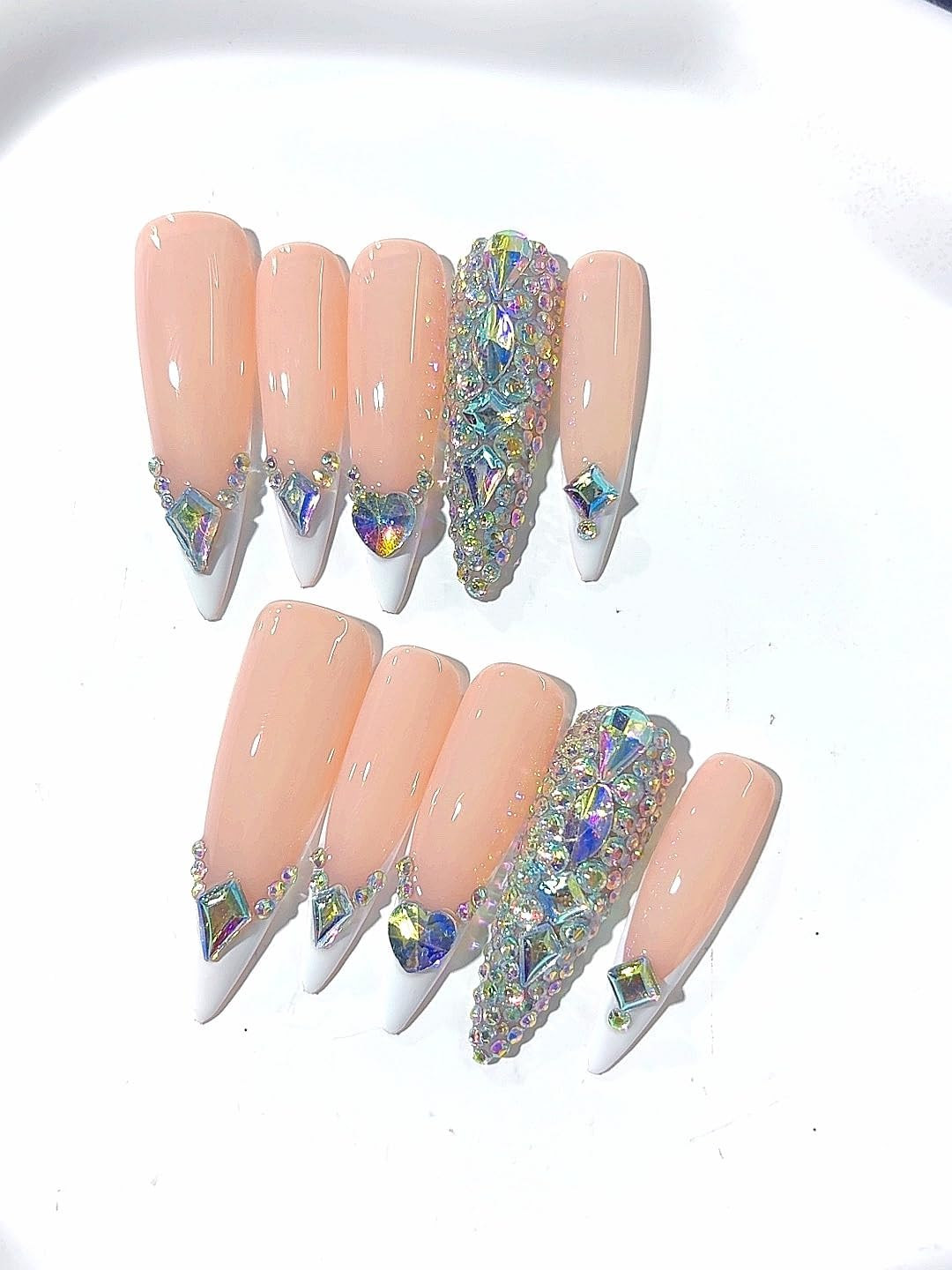 Press-On Nails Set, Nude Pink with Iridescent Crystal Rhinestones, Long Coffin Shape, Professional Manicure Art Tips (L155, Medium) image number 6