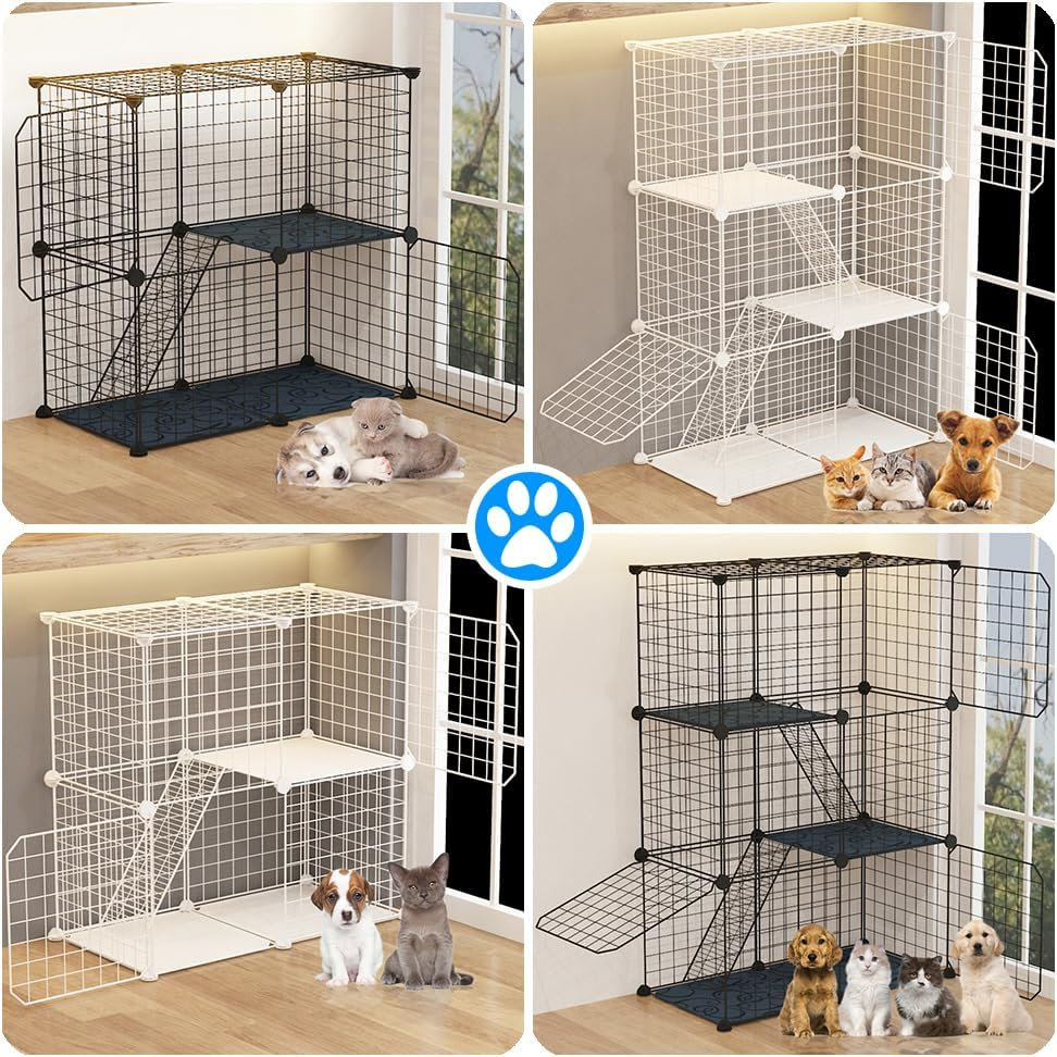 Ricjurzzty Cat Cage,Portable Metal Wire Mesh Detachable Outdoor & Indoor Kitten Enclosure with Ladders,Cat Exercise Place Crate for Kitty,Puppy,Rabbits and Small Animals (White, 3 Tier & 3 Doors) image number 3