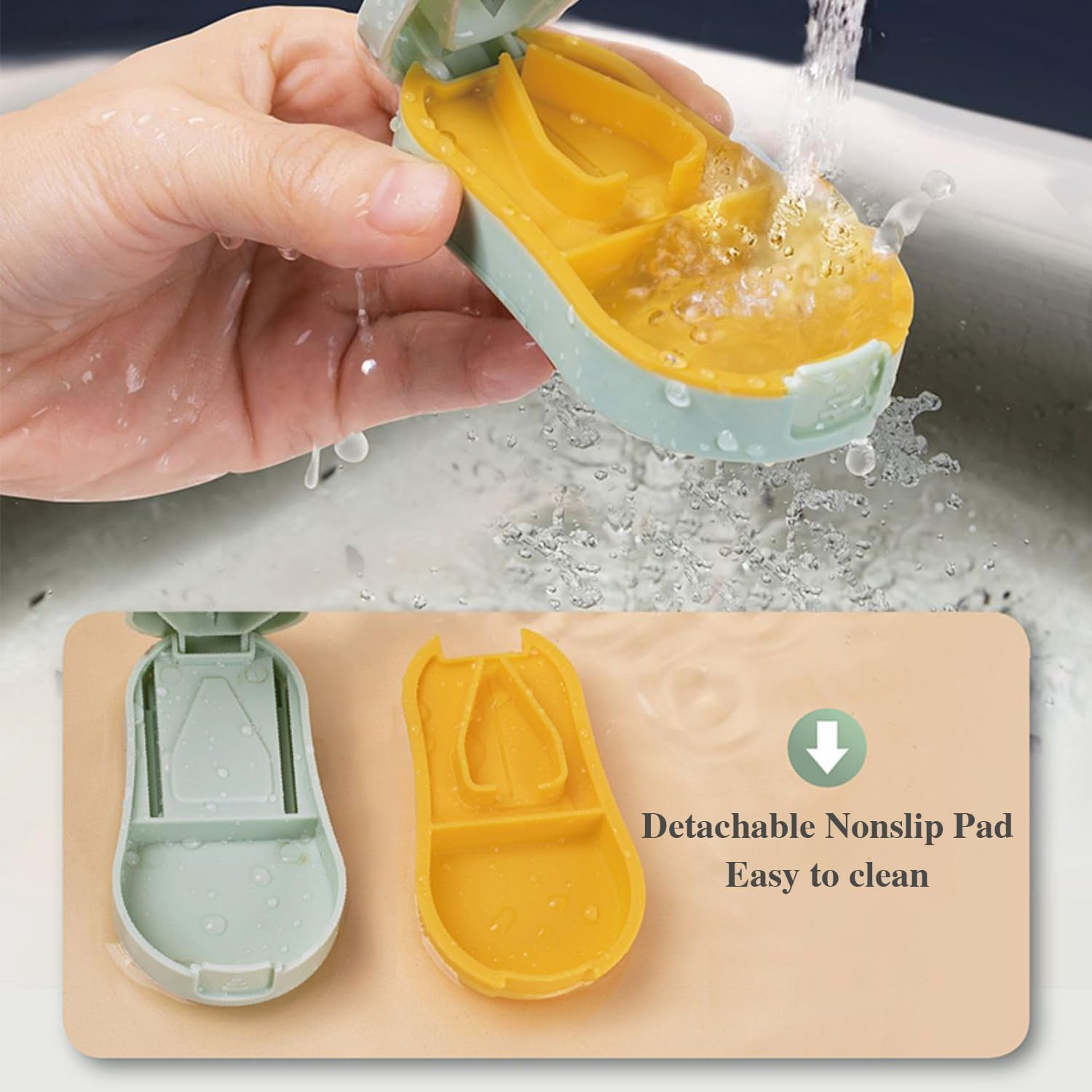 Pill Cutter Splitter for Small and Tiny Pills - Pill Cutter 1/4 - Accurately Cuts Multiple Pills - Easy Open Snap Button. Detachable Nonslip V-Shaped Pad. Wrap-Around Blade Guard. Back Storage (Cyan) image number 1