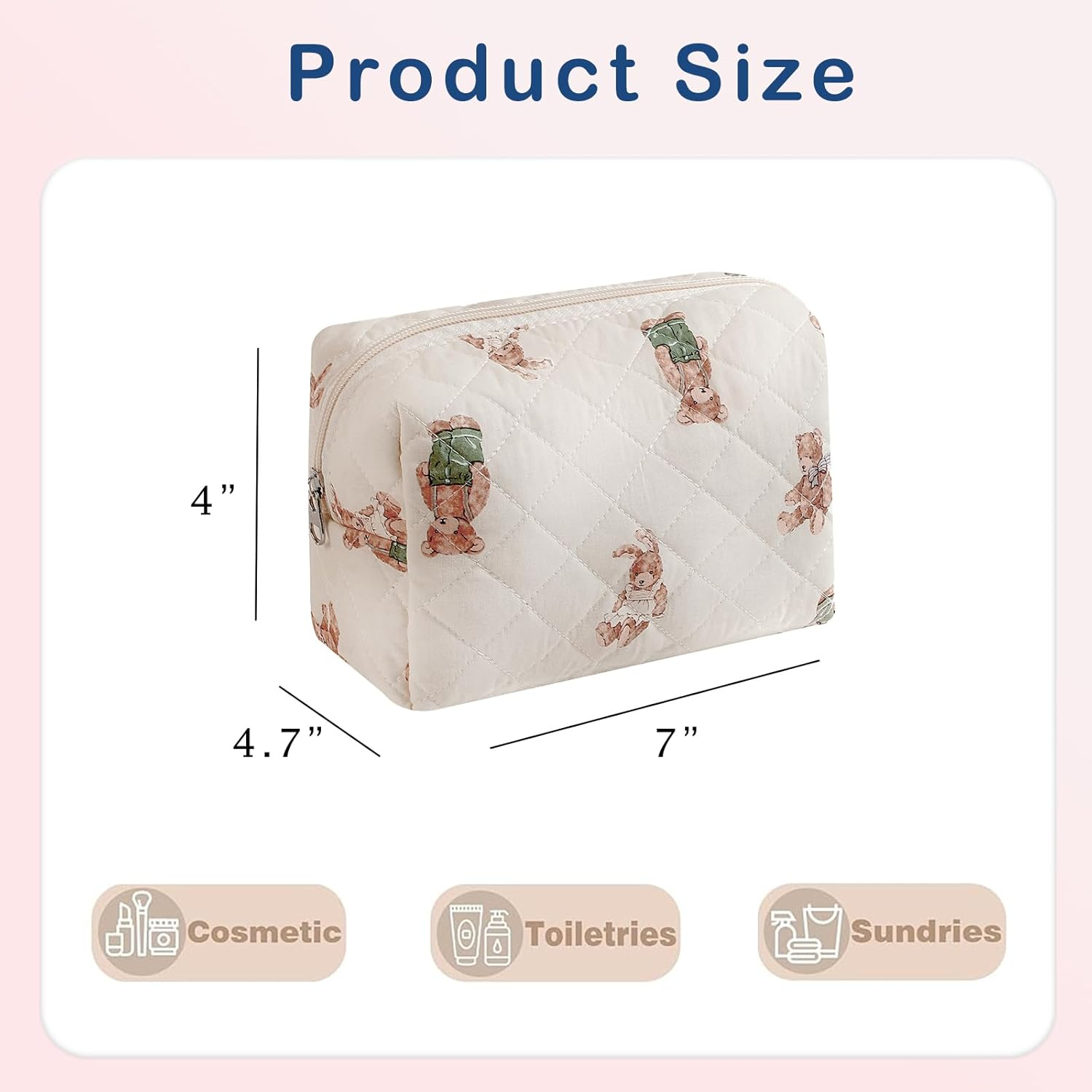 Cute Small Makeup Bag,Quilted Floral Cotton Cosmetic Pencil Pouch, Quilted Flowers Pencil Case with Zipper, Kawaii Travel Toiletry Bags for Purse, 12White Bear - 02Blue Flower image number 6