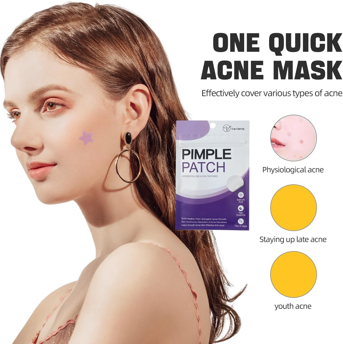 Vavilente Pimple Patches for Face Zit Patch Dots,Hydrocolloid Pimple Patch with Tea Tree Oil Pimple Patches Invisible,Star Pimple Patches,Cute Acne Patch-Day and Night Use(200 Count) image number 3