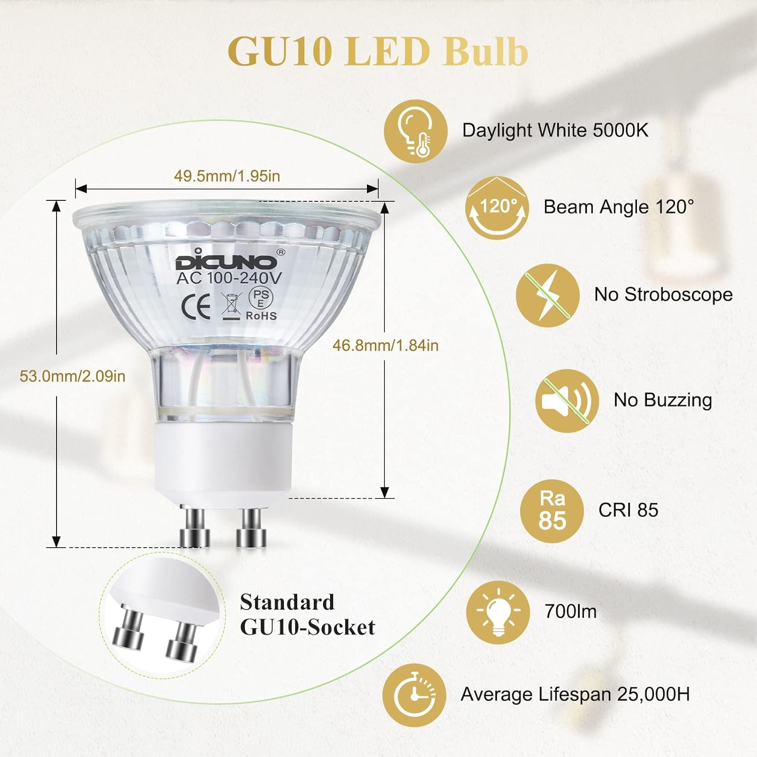 Dicuno GU10 LED Bulb, 6W 700LM Spotlight, Equivalent to 60W Halogen Lamp, Daylight White 5000K, AC 100-240V, Not Dimmable, 120&deg; Beam Angle, 6-Pack image number 6