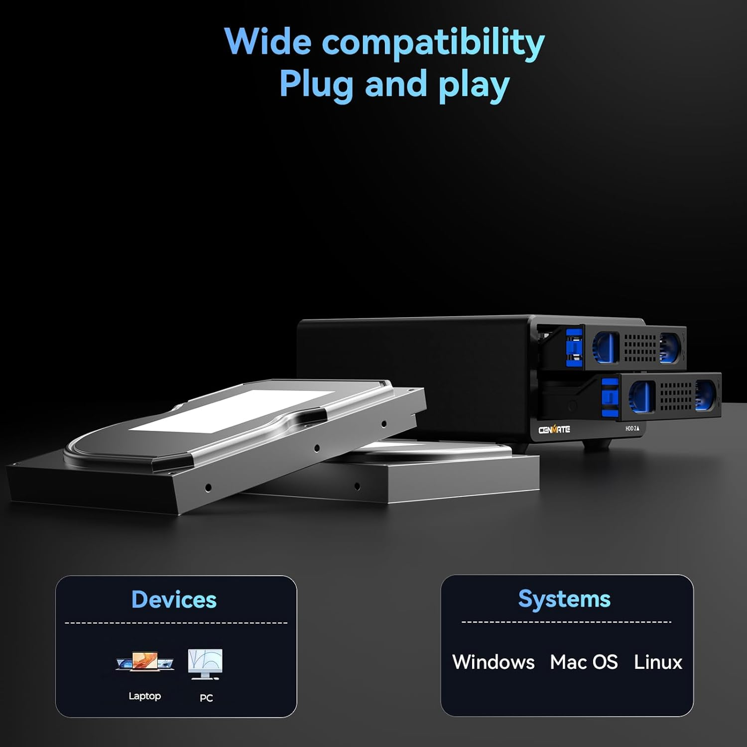 CENMATE Aluminum Dual Bay Hard Drive Enclosure with Cooling Fan for 2.5&ldquo;/3.5" SATA HDD/SSD with USB A/C 3.0, Support Hot Swappable, Daisy Chain Expansion, Tool-Free HDD Enclosure, DAS(NO RAID/NAS)