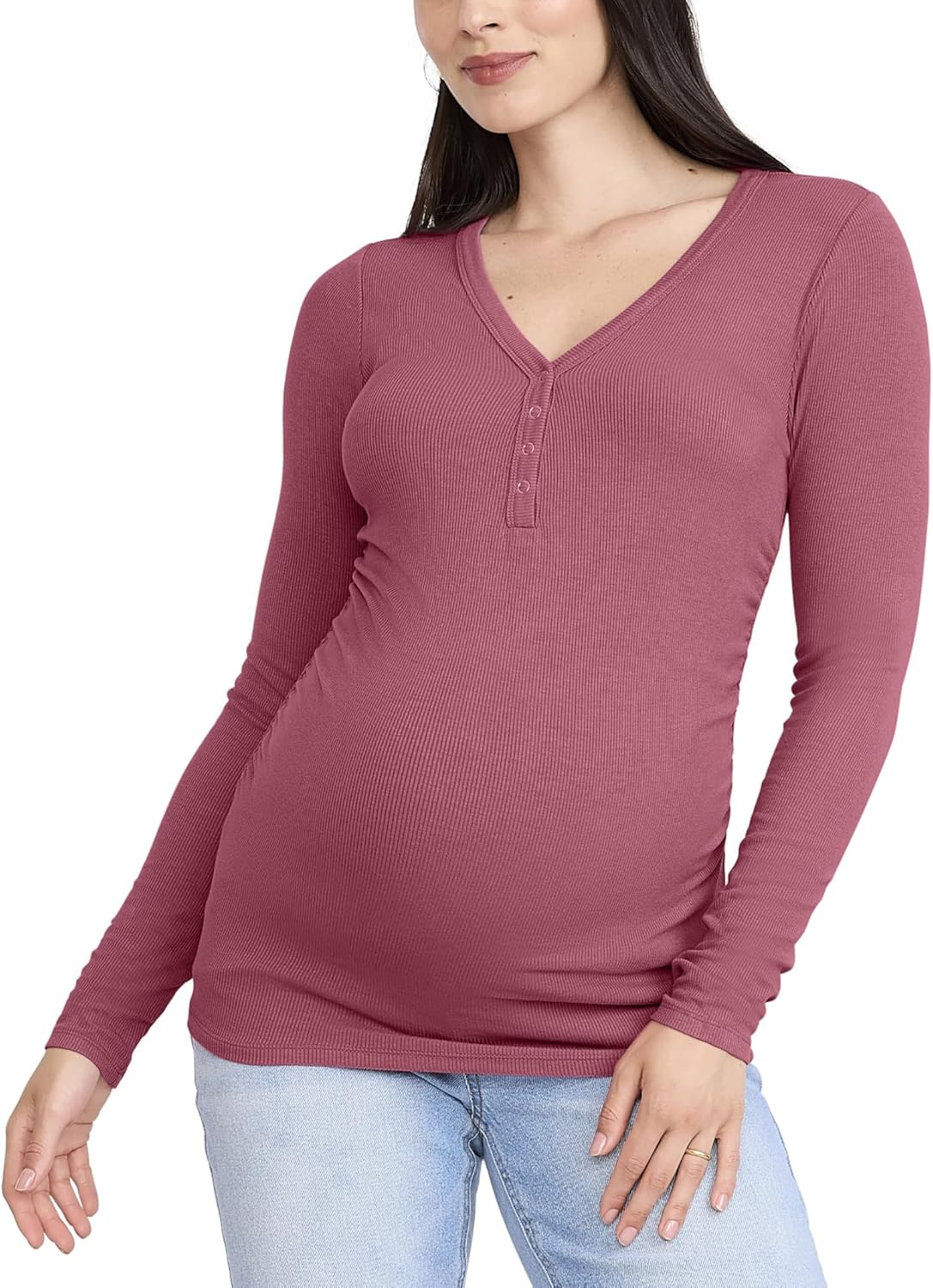 Motherhood Maternity Women'S Long Sleeve V-Neck Side Ruched Henley Pregnancy Tee Shirt image number 4