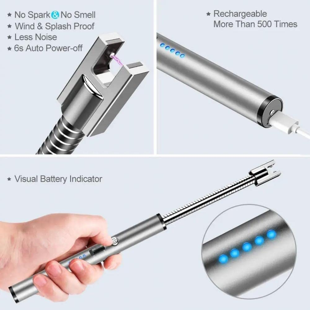 Rechargeable Electric Lighter, Kmest Upgraded Candle Lighter, Windproof Safety Switch, 360ｰ Flexible Long Neck USB Plasma Lighter for Household Camping Cooking BBQ Fireworks Flame (Silver) image number 5
