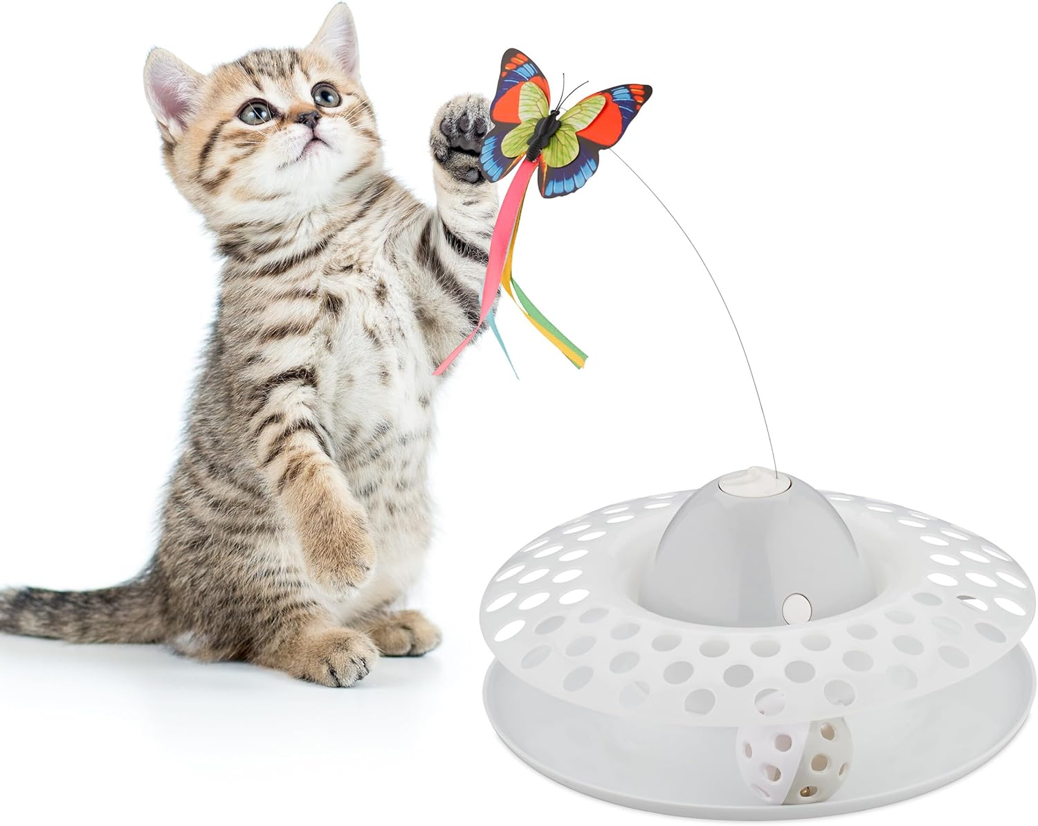 Relaxdays Cat Toy Butterfly and Ball, H X D: 33.5 X 22 Cm, Interactive Cat Carousel, Cat round 360&deg;, White image number 3