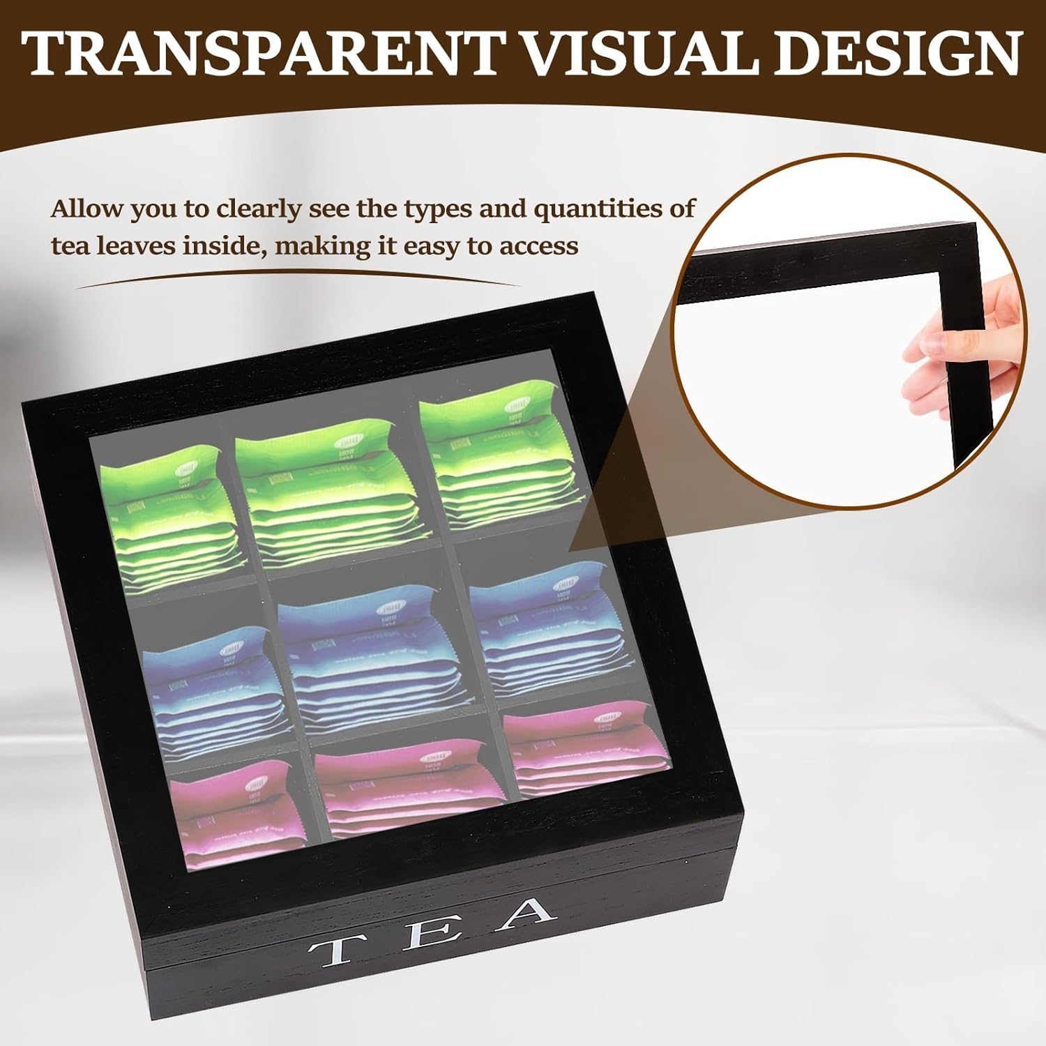 Awobepl Tea Bag Organizer Wood Tea Bag Holder with Clear Lid 9 Compartments Tea Caddy Practical Tea Organizer Caddy Large Capacity Tea Bag Box for Home Office (Black) - White image number 3