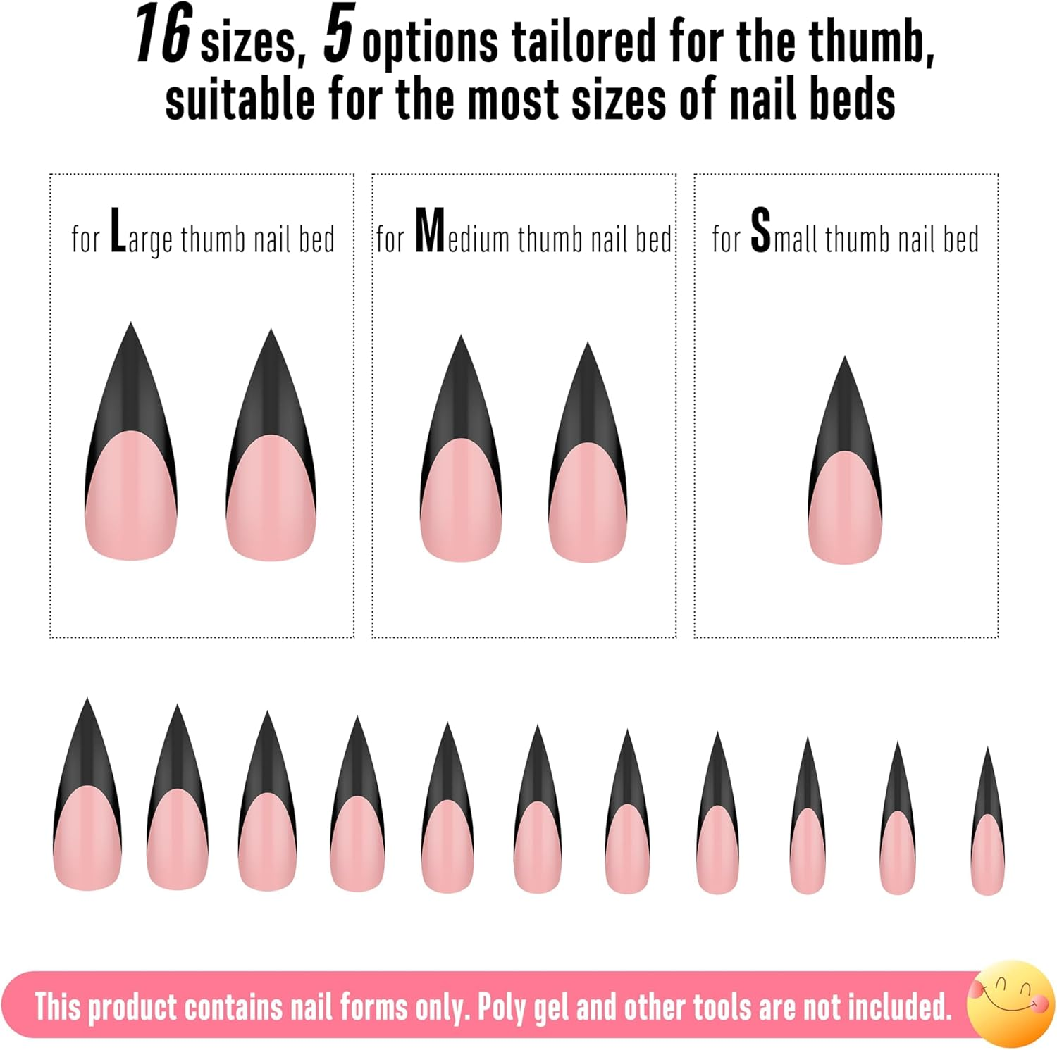 NOVO OVO Black French Tips Sharp Stiletto Pointed Medium Long Nail Tips Press on Baby Pink, Extra Thick Soft Gel Acrylic Extension, Full Cover False Nails for Salon DIY 16 Sizes, Pack of 160 image number 4