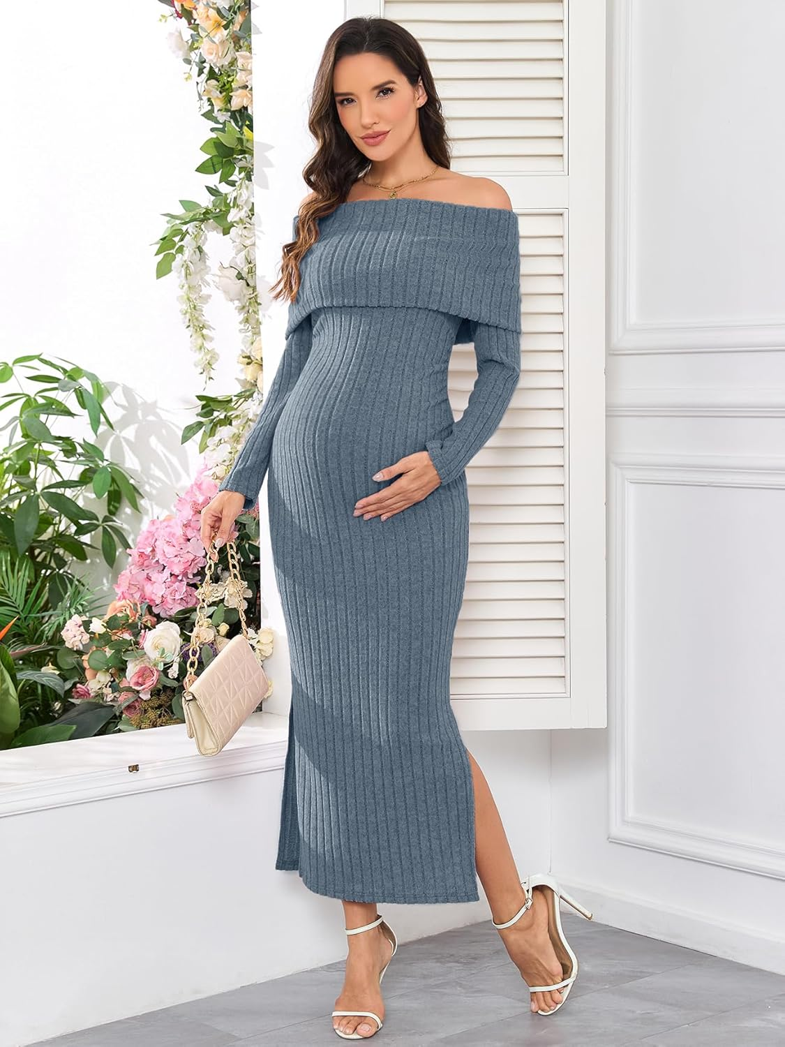 CYCLAMEN Off-Shoulder Maternity Sweater Dress Rib Knit Long Sleeve Dresses with Side Slit Pregnancy Clothes Baby Shower image number 4