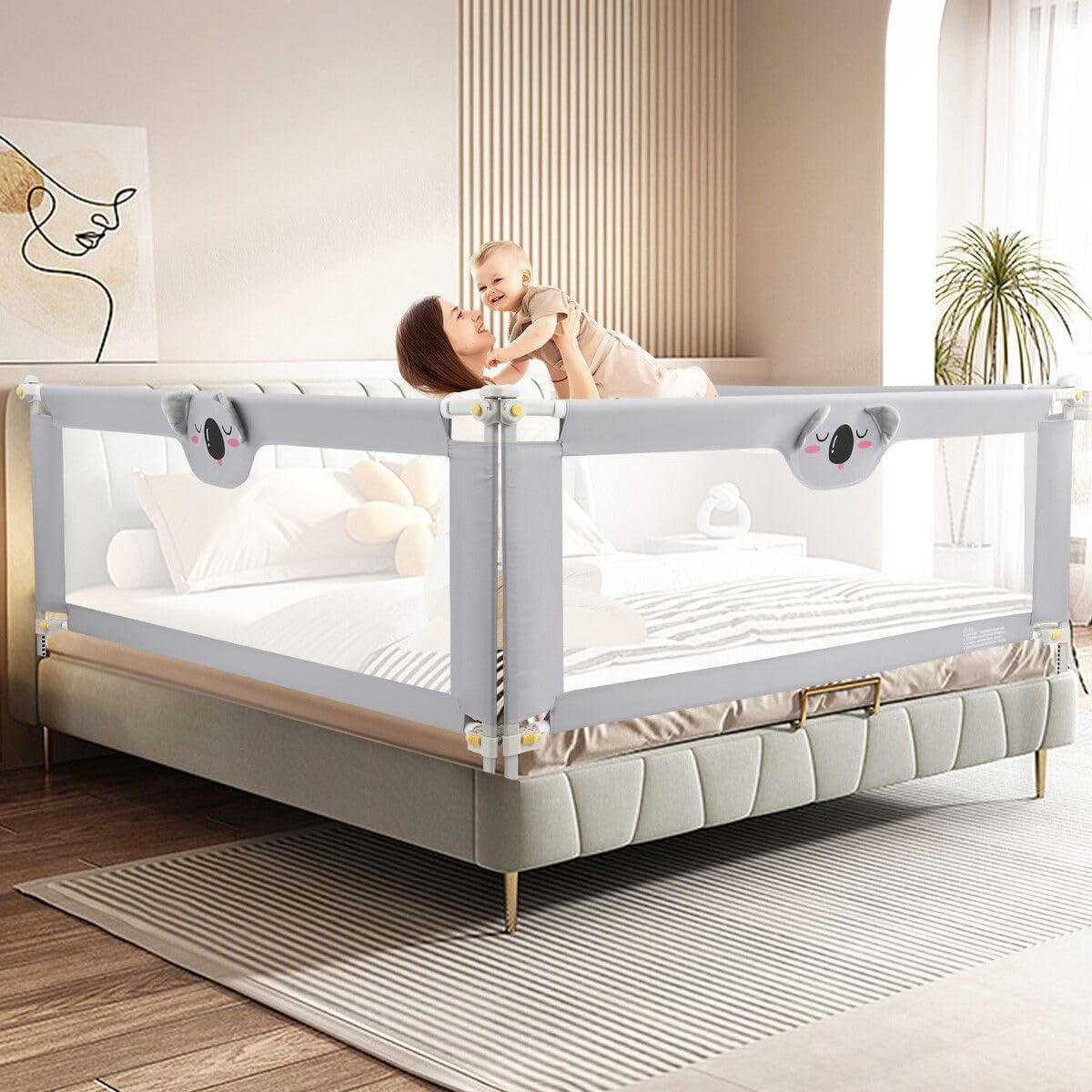 KIDBOT Bed Rail Side Toddler Bedrail Folding Safety Guard Baby Child Cot Fence Barrier Fall Protection 3Pcs 100Cm Height Adjustable Koala Design