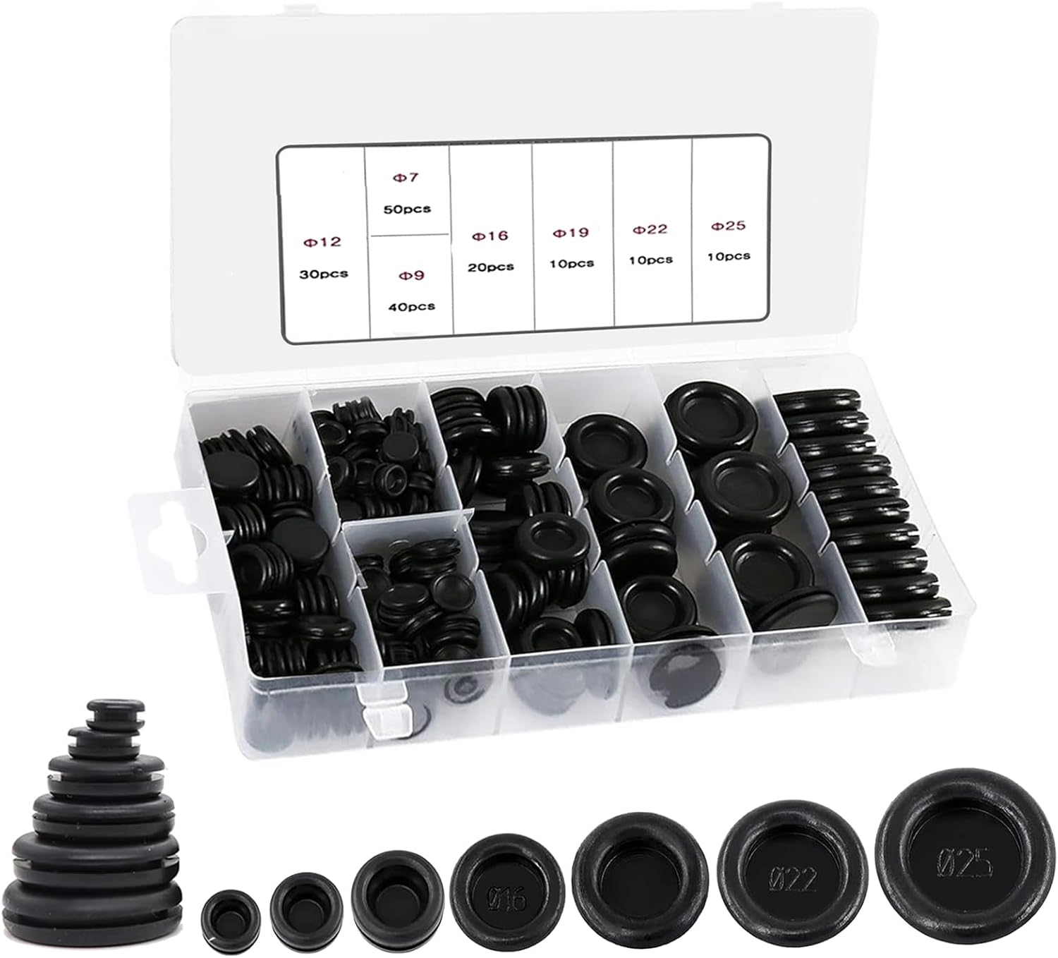 170-Piece Rubber Grommet Assortment Kit, 7 Sizes 7-25Mm, Waterproof and Fire Resistant, Black