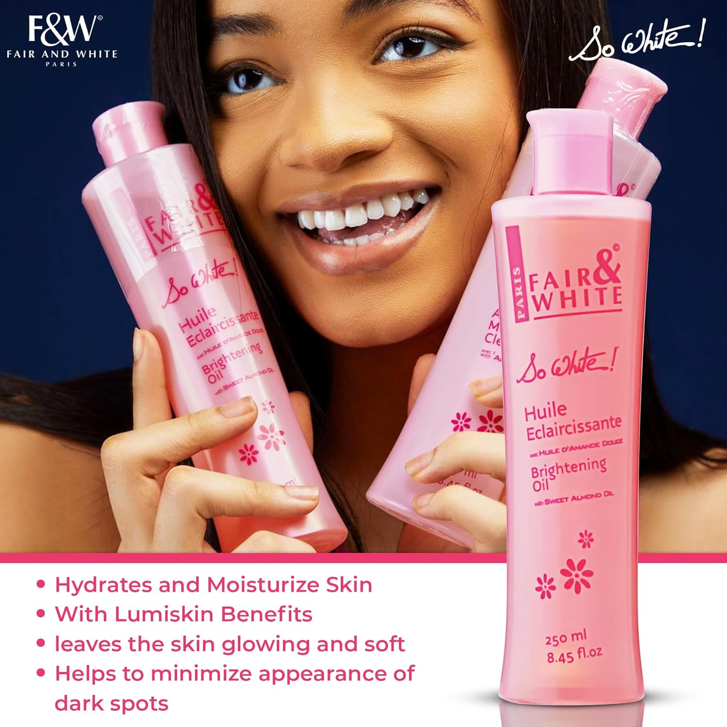 Fair & White so White Body Oil, 250Ml / 8.45Fl.Oz - with Vitamin E, Almond Oil and 'Lumiskin', Hydrating Formula for Wrinkles, Dryness and Dark Spots