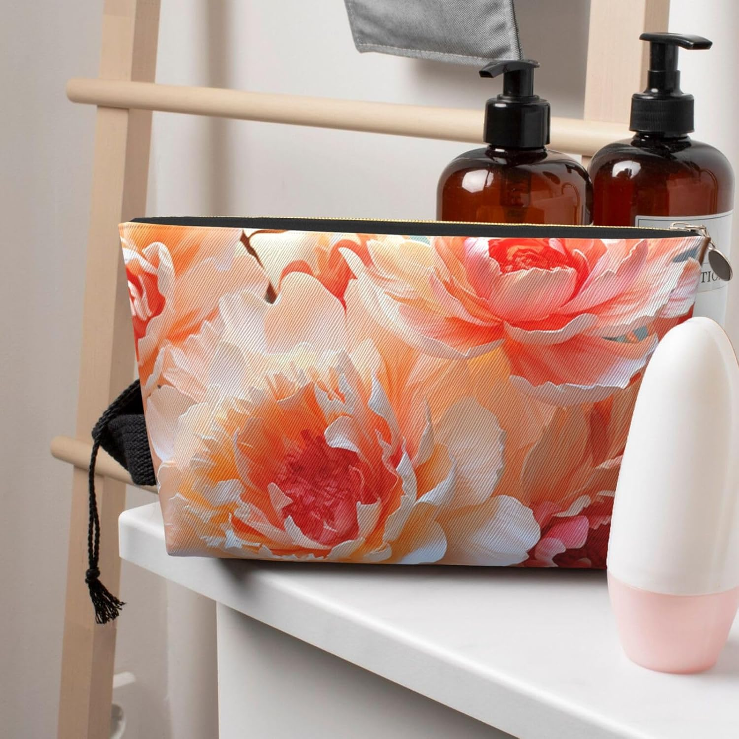 SDTYKHJ Large Capacity Makeup Bag for Women, Waterproof Portable Shaving Bag, Small Toiletry Bag, Peach Peony, Leather, Travel Cosmetic Organizer Bags, Gold, One Size image number 1