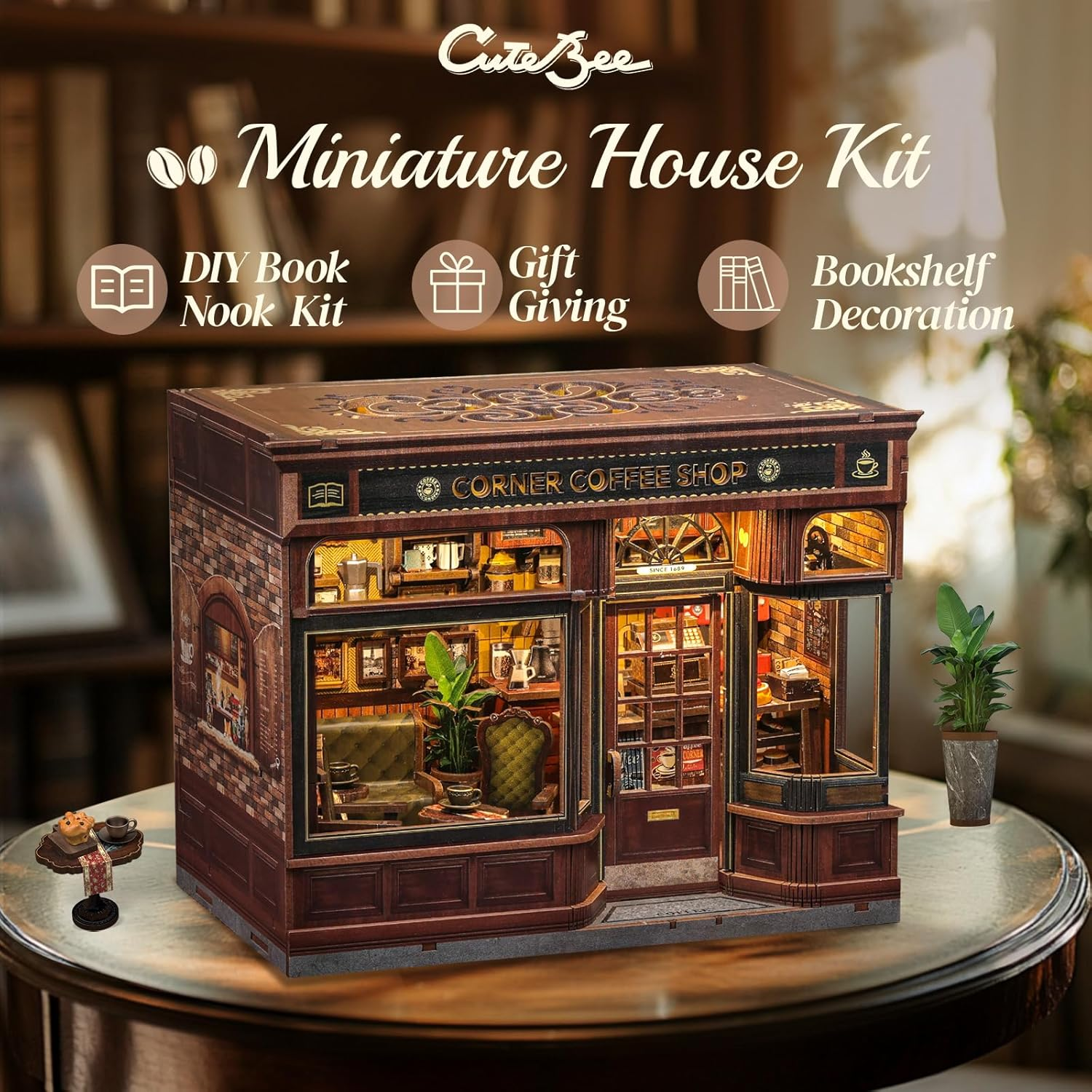 CUTEBEE Book Nook Kit - DIY Miniature House Dollhouse Kit for Adults and Teens, Booknook Tiny House Bookshelf Decor with LED Light, Gifts for Family and Friends (Corner Coffee Shop) image number 4