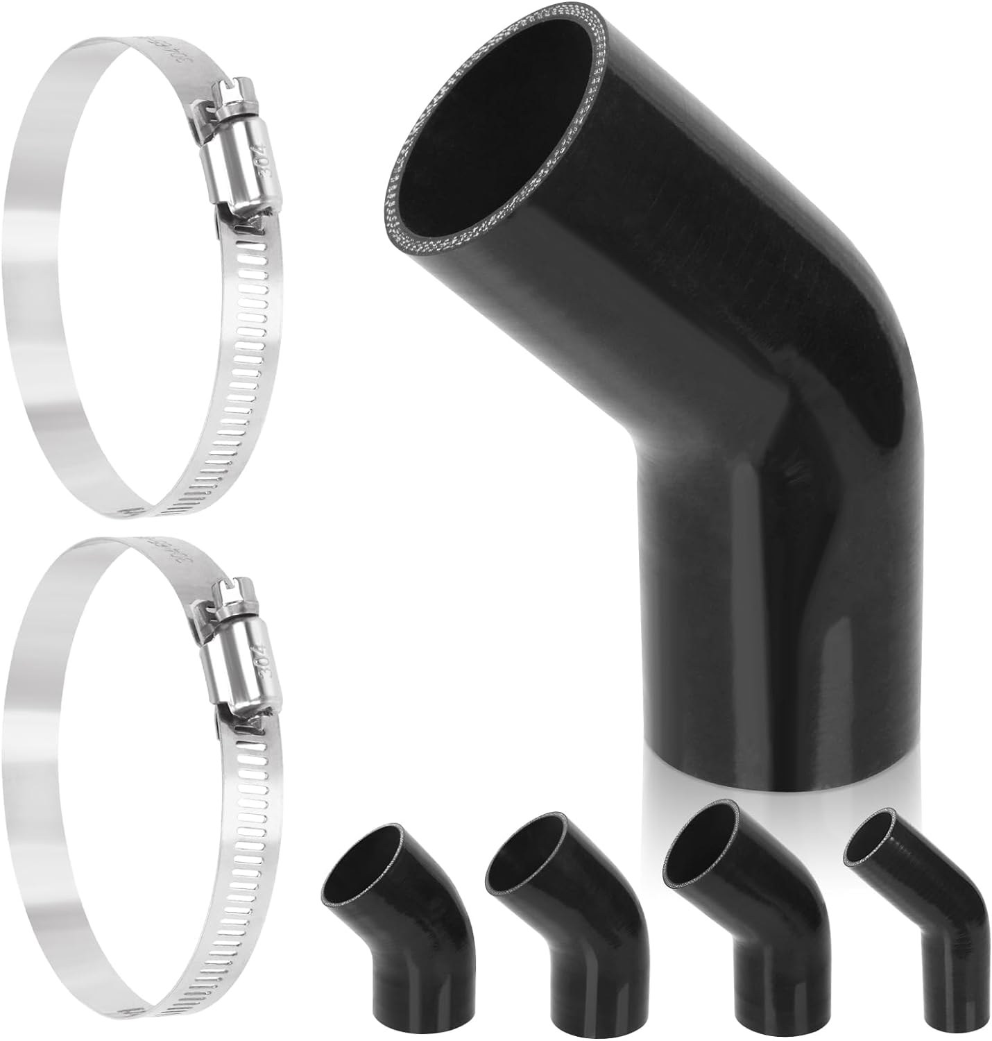 Swpeet 3Pcs 2.5 Inch - 63Mm 45 Degree Elbow 4-Ply Reinforced Silicone Hose with 59-82Mm 304 Stainless Steel T Bolt Hose Clamp Kit, Automotive Pure Silicone Hose for Turbo Intake Intercooler