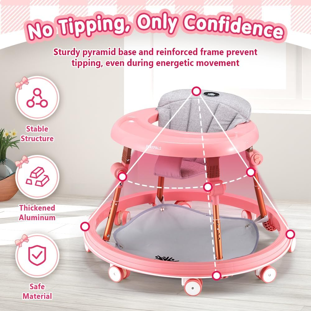 Playpals 3-In-1 Baby Walker for Boys and Girls 6-18 Months, Toddler Walker with Removable Footrest and Feeding Tray, Foldable & Adjustable Activity Walker for Toddler Infant - Pink