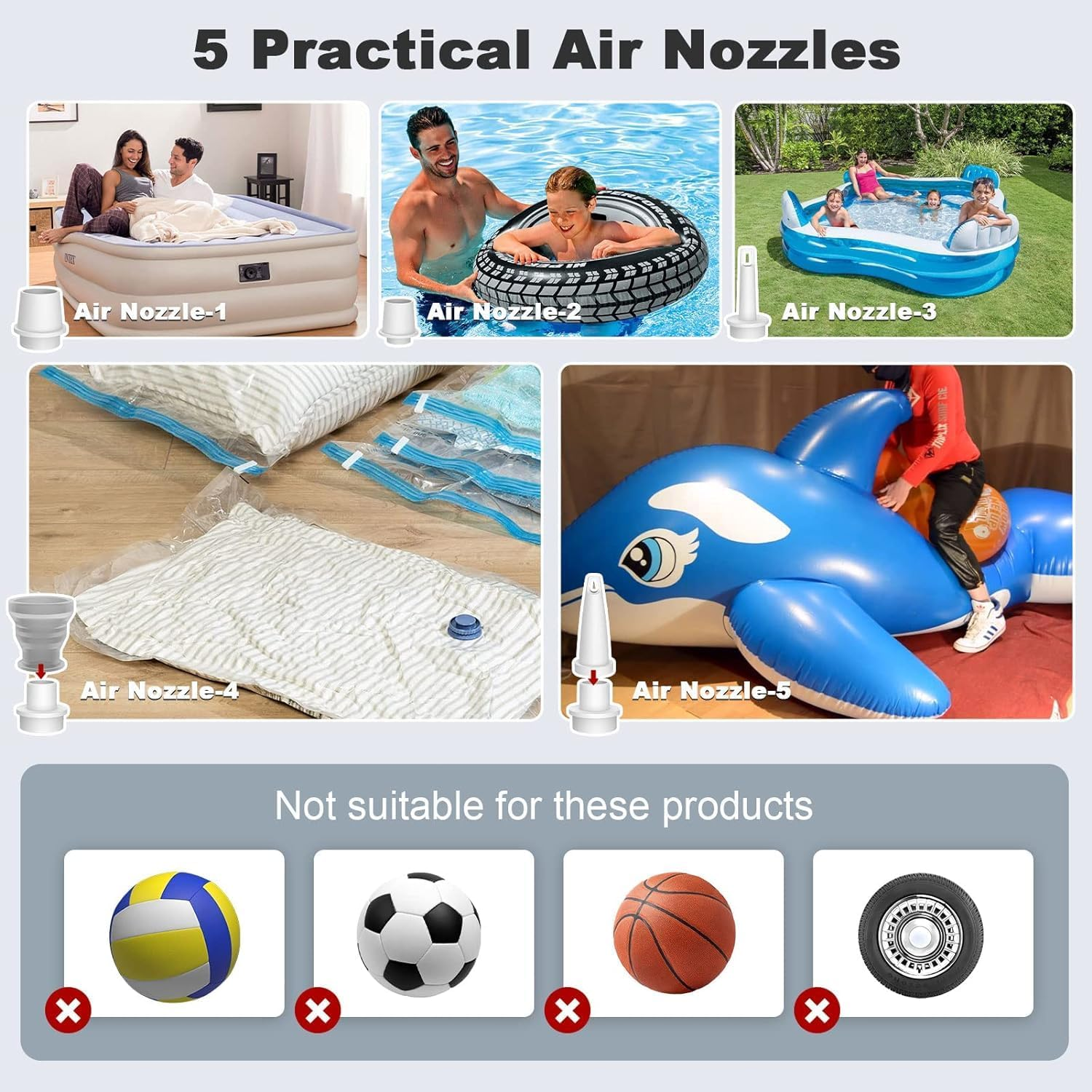 Portable Air Pump, Beedove Mini Air Pump with Camping Light, 2400Mah Battery USB Rechargeable, 5 Nozzles Quick Inflate Deflate Pump for Swimming Ring Pool Toys Air Mattress Bed Vacuum Storage Bags image number 2