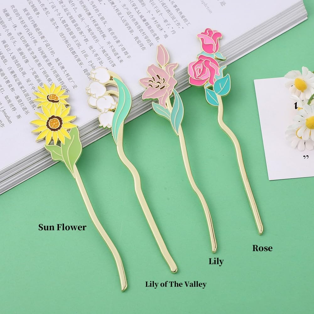 4Pcs Metal Flowers Bookmarks - Page Holders with Flower Pendant for Reading Lovers
