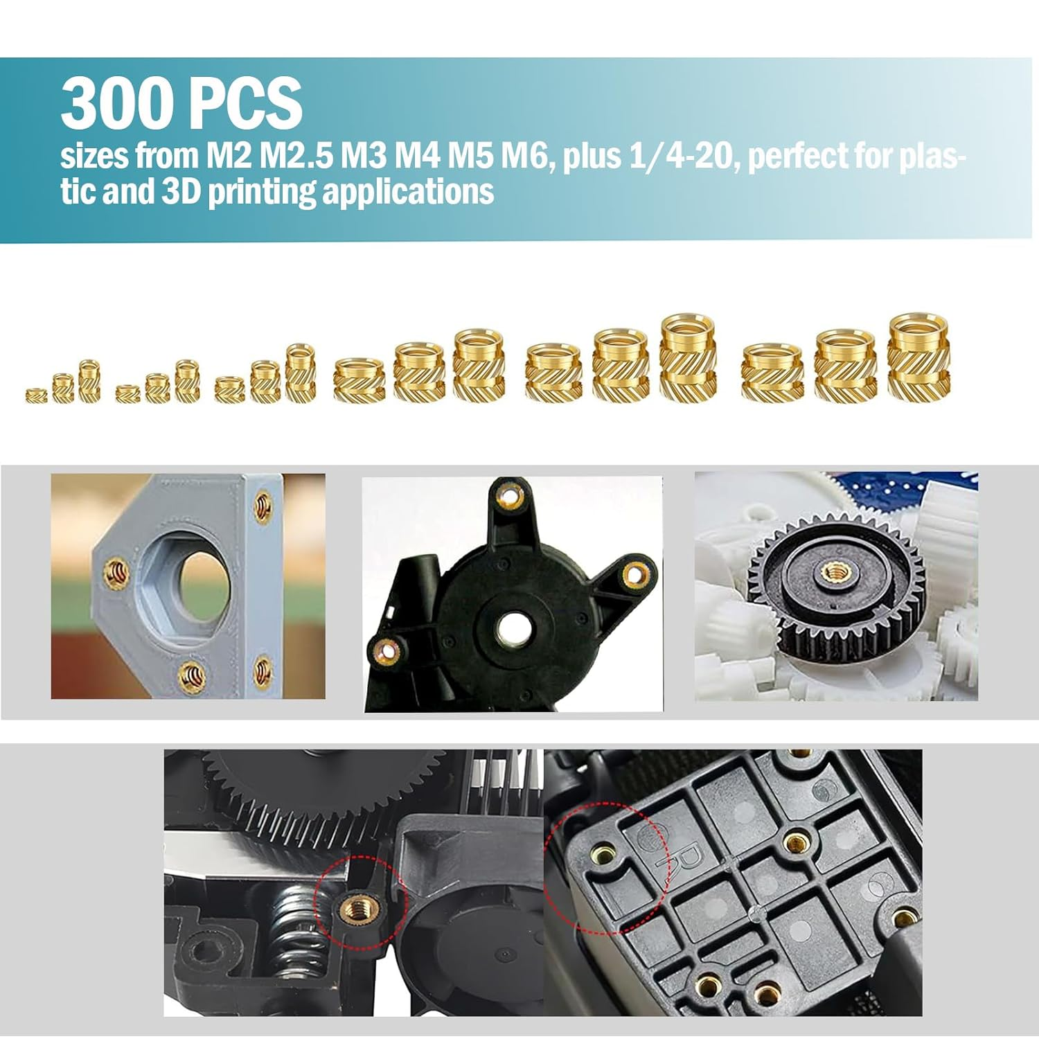 300-Piece Brass Threaded Insert Kit, M2 M2.5 M3 M4 M5 M6 Knurled Nuts Assortment, Heat Set Inserts for Plastic and 3D Printing image number 1