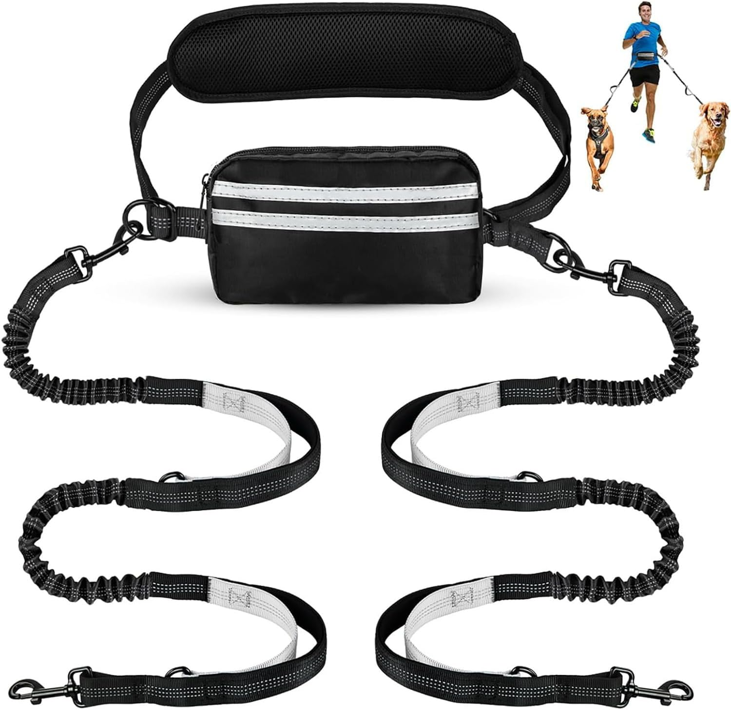 Vsgaalge Hands Free Dog Leash with Pouch, Retractable Bungee Waist Leash with Dual Padded Handles for Medium & Large Dog Training Walking Running Hiking Jogging (Double Leash)