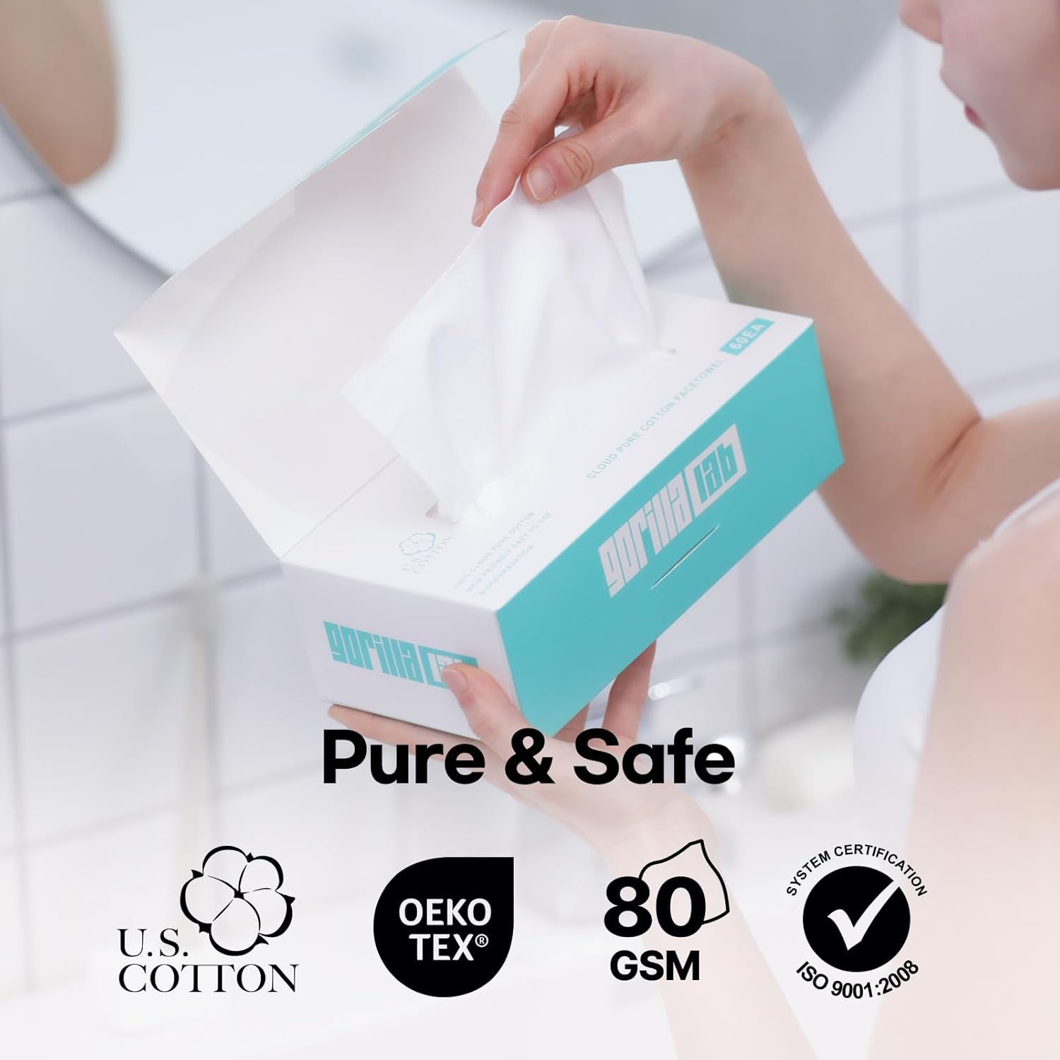 Gorilla Lab Cloud Touch Face Towels, 60 Count, 100% USA Cotton, Waterjet Spunlace for Ultra Softness, Purifying & Refreshing Disposable Facial Wipes for Sensitive Skin image number 2