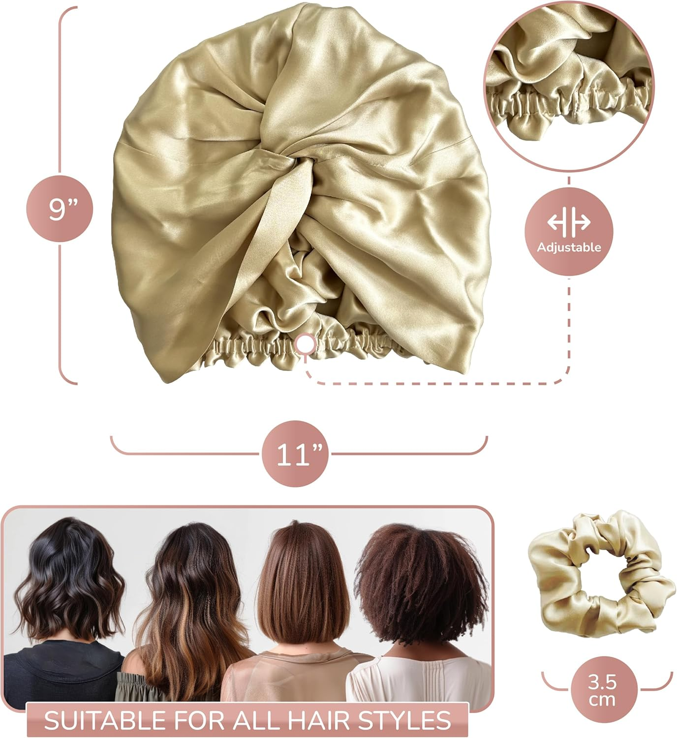 100% Mulberry Silk Hair Bonnet for Sleeping Women Double Layer with Elastic Band16 Momme 6A Grade Pink and Champagne Colours with Scrunchie and Gift Box (Pink) - Pink image number 6