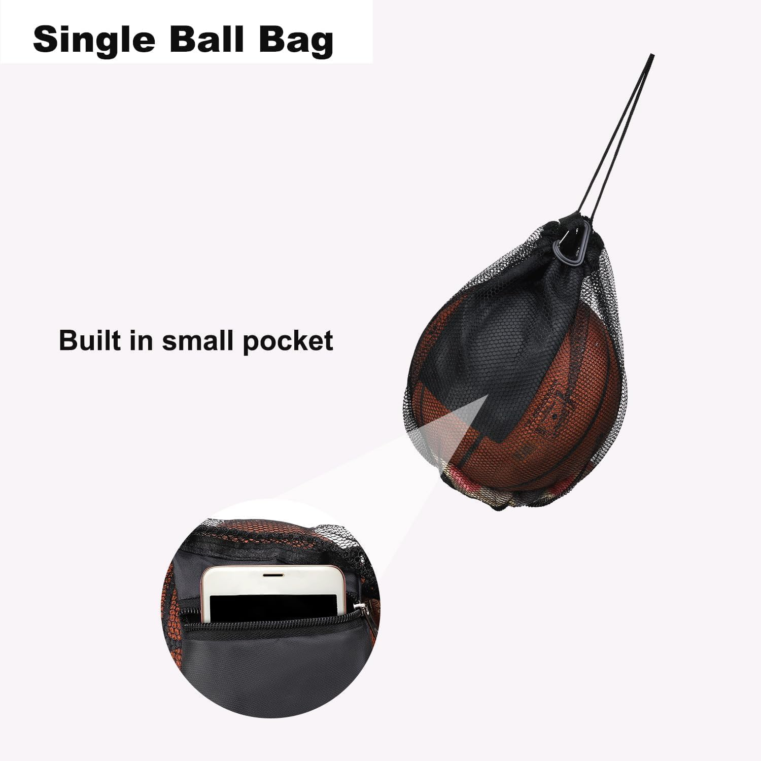 Single Ball Bag with Zipper Pocket,1Pc Single Mesh Ball Bag,Volleyball Bag with Zipper Pocket,Soccer Ball Bag,Basketball Bag with Quick Release Buckle,Volleyball Mesh Bag with Clip,Clip on Ball Holder