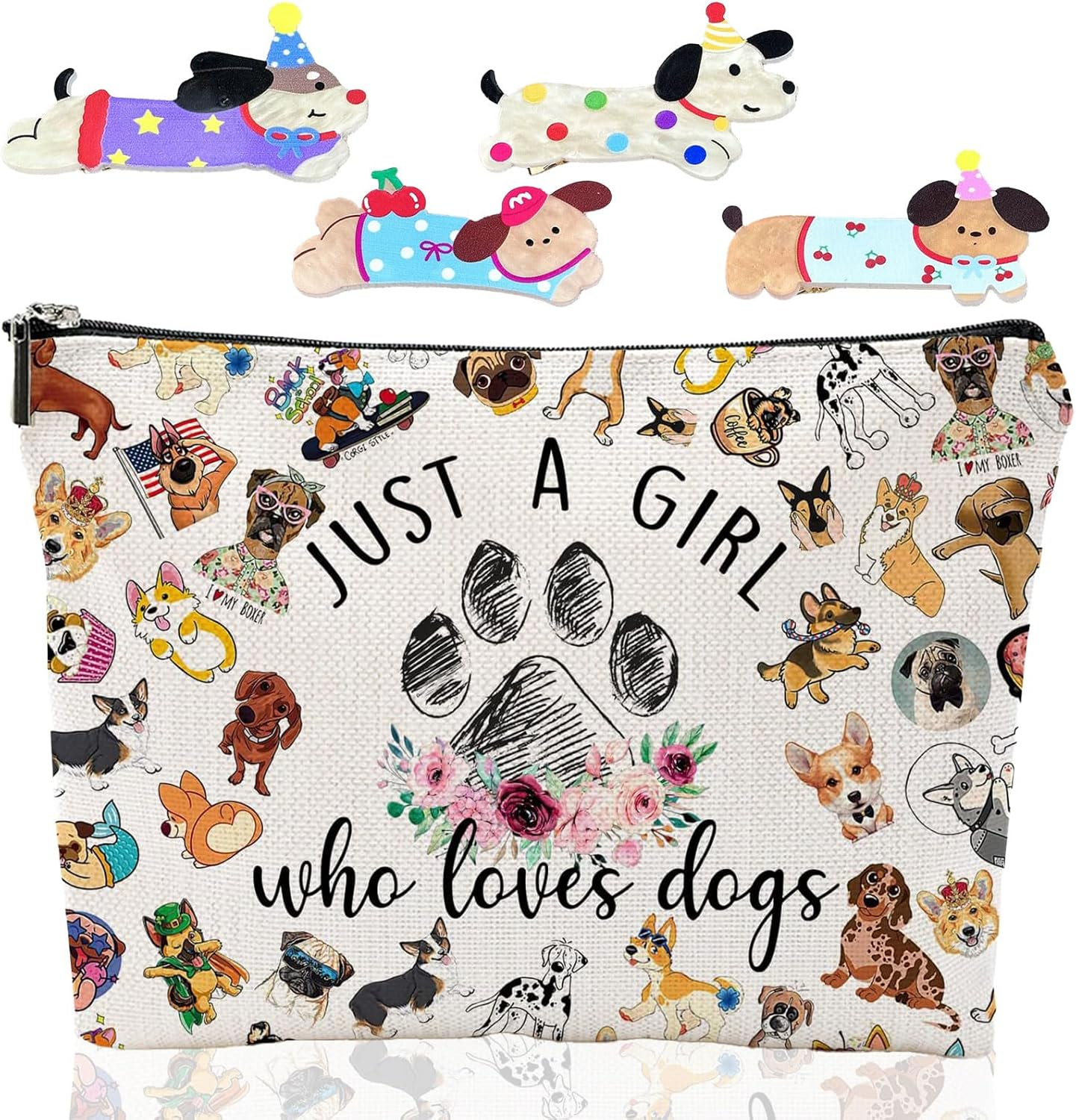 Cosmetic Bag for Girls Dogs Makeup Bag Makeup Bag with Zip, Make up Bag Set with 4 Hair Clips, Portable Toiletry Bag Women for Travel Everyday Life, as Shown, Dogs image number 2
