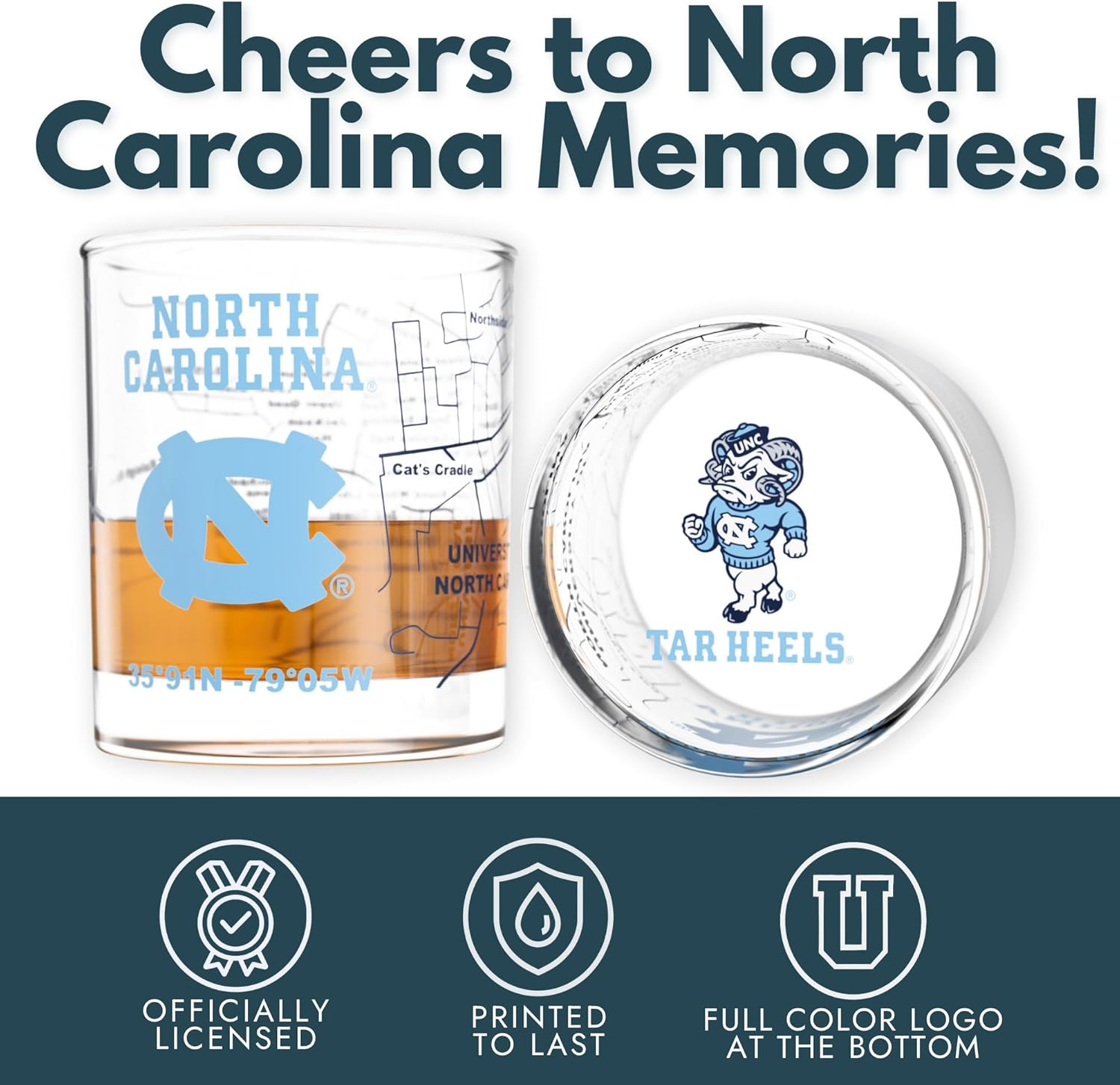 Greenline Goods &ndash; University of North Carolina Tar Heels College Whiskey Glasses (Set of 2), 10 Oz &ndash; Full-Color Logo + Campus Map image number 4