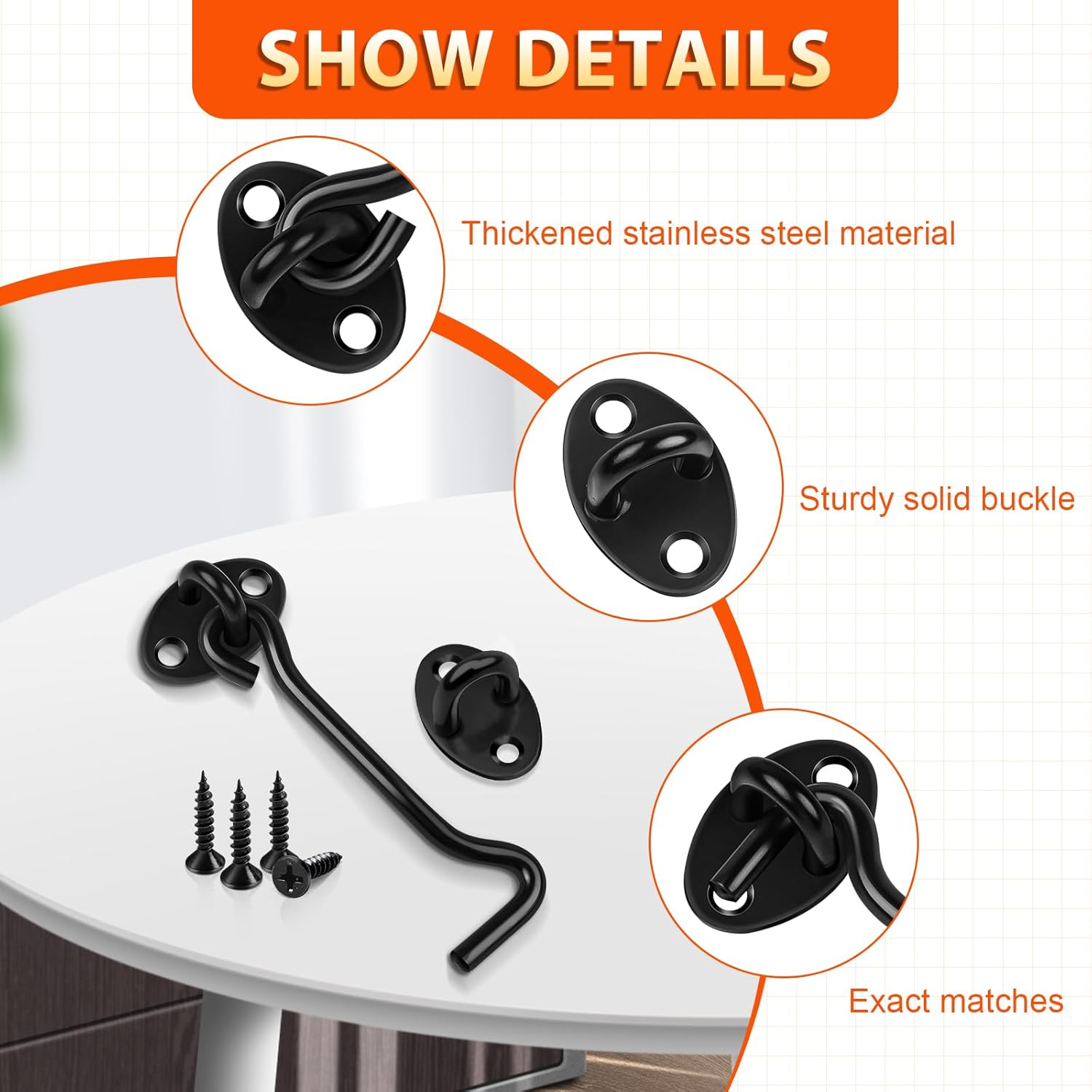 2 Pack Hook and Eye Latch, 4 Inch Black Cabin Hooks Stainless Steel Eye Gate Latch Easy Lock, Sliding Door Hooks Barn Door Catch Hardware with Screws for Outdoor Garden Shed Patio Window Wooden Gates image number 3