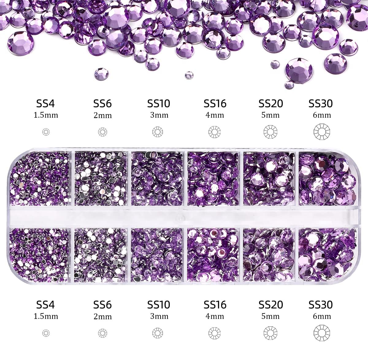 5320 Pieces Flat Back Gems round Crystal Rhinestones 6 Sizes (1.5-6 Mm) with Pick up Tweezer and Rhinestones Picking Pen for Crafts Nail Face Art Clothes Shoes Bags DIY (Light Purple)