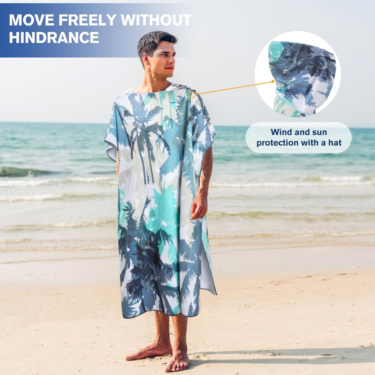 Queenshin Extra Large Coconut Tree Hooded Beach Towel, Quick Dry Microfiber Adults Poncho Changing Pool Towel Robe 35 X 40 Inch image number 2