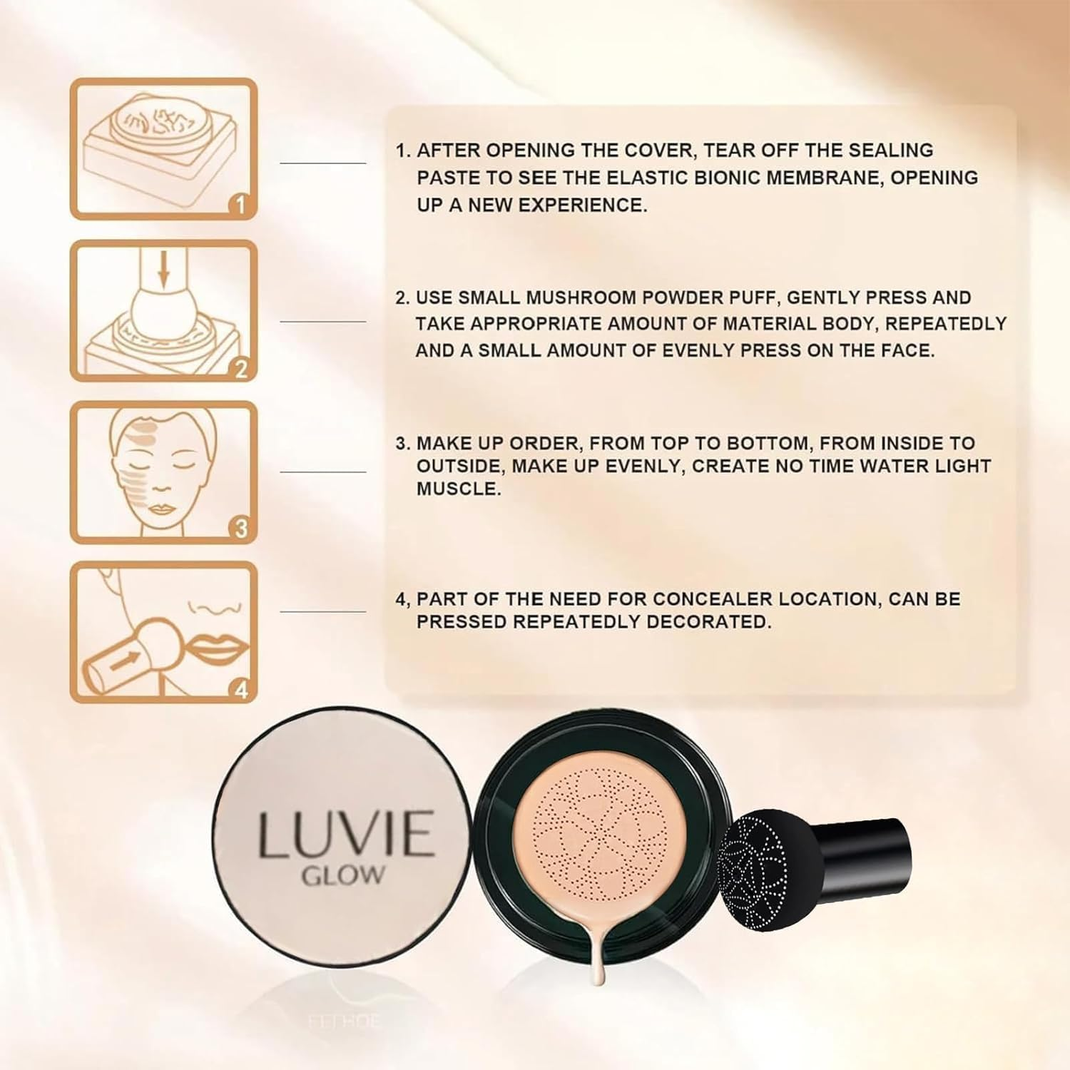 Luvie Glow Foundation Cushion, 2026 Upgrade Mushroom Head Air Cushion CC Cream, Moisturizing Concealer Brighten Long-Lasting for All Skin Types (Brunet Brown) - Warm image number 3