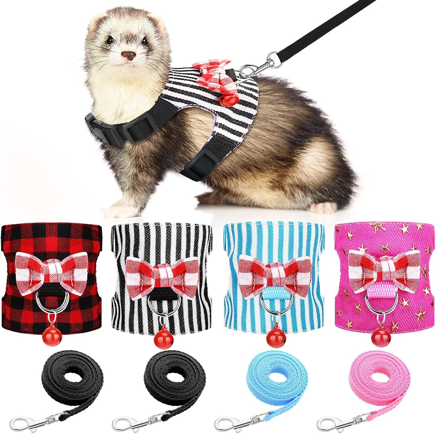 4 Pieces Ferret Harness and Leash Set Ferret Leash Small Pet with Cute Bowknot and Safe Bell Decor Chest Strap Harness for Outdoor Walking Rabbit Guinea Pig Bunny Hamster Puppy Kitten(Small) image number 4