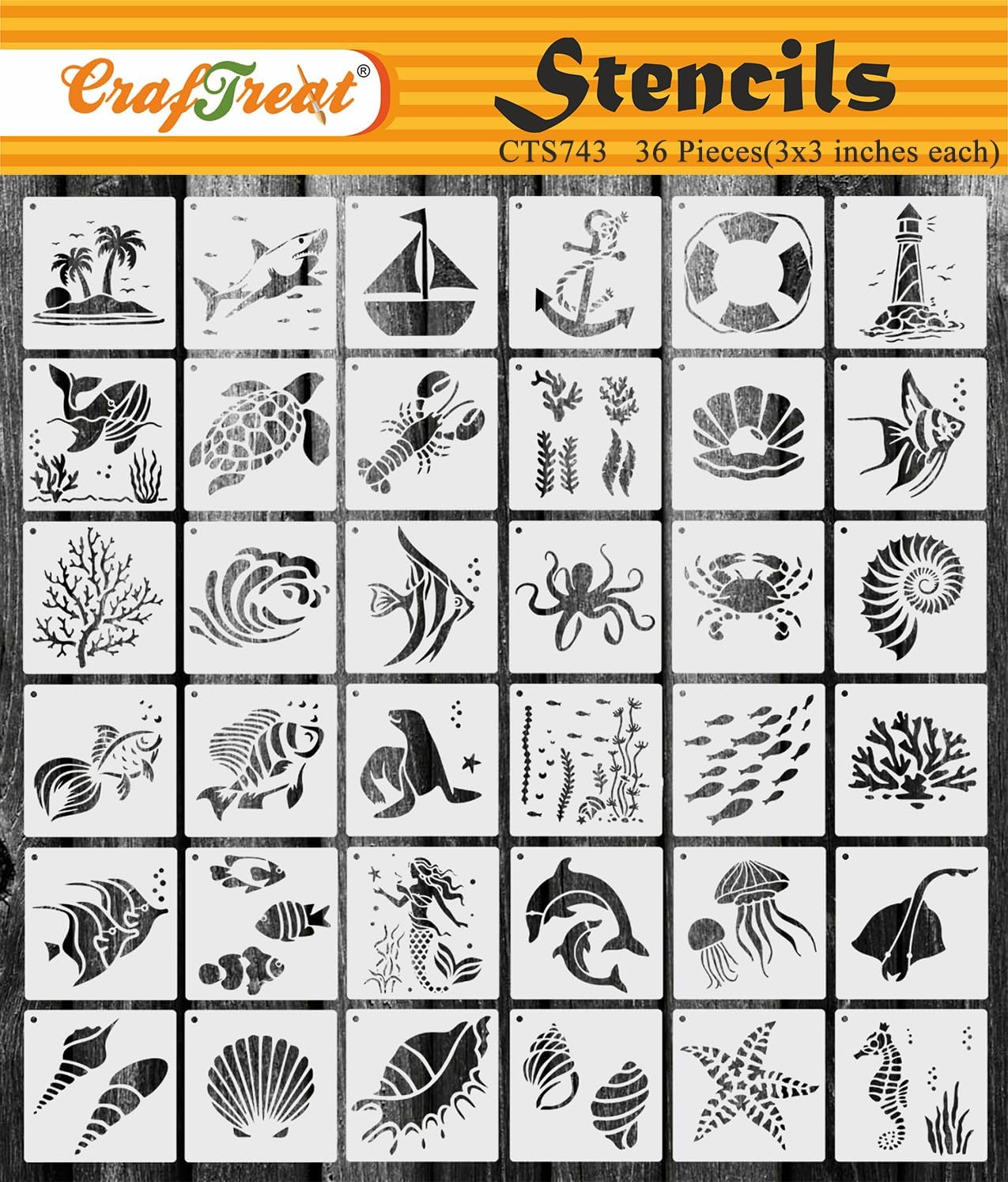 Craftreat 36 Pcs Sea Animals Set Stencils for Painting on Canvas, Wall Art, Journal Notebook, Furniture & Room Decor - Reusable 3X3 Inches Water Animal Stencils for Home Decor - Scrapbooking Supplies