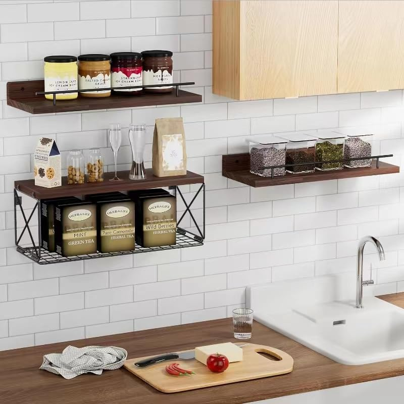 Hoiicco Bathroom Shelves with Metal Guardrail, Wood Floating Shelves over Toilet with Wire Storage Basket, Floating Wall Shelves for Bedroom, Living Room, Kitchen and Bathroom Toilet Paper - Brown image number 3