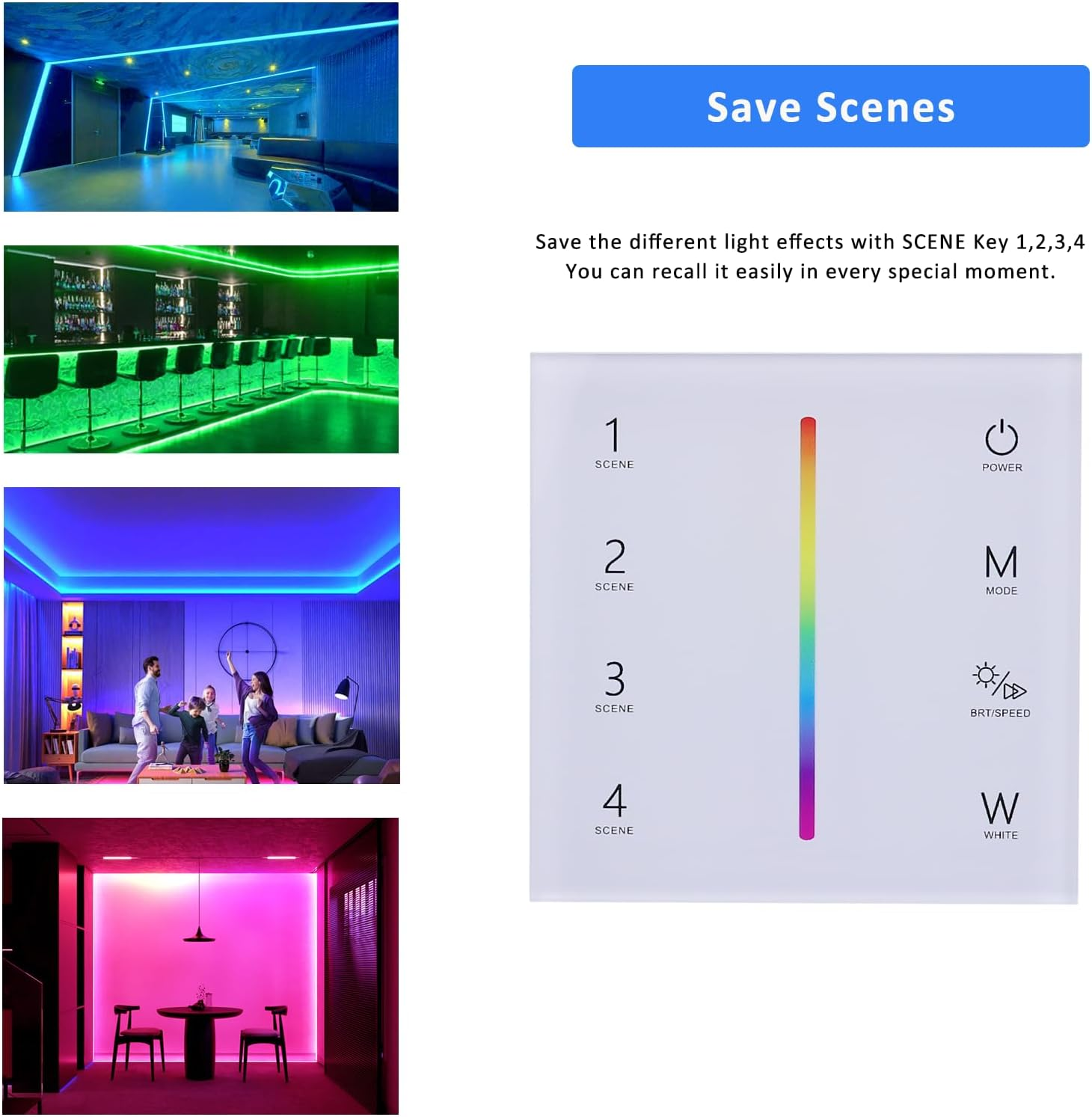 JOYLIT RGBW LED Controller 12-24V 4 Channel X 3A/CH, 2.4Ghz RF Wireless Wall Touch Panel LED Controller for RGBW CCT RGB LED Strip Colour Changing and Dimming (86 X 86 X 33 Mm) image number 5